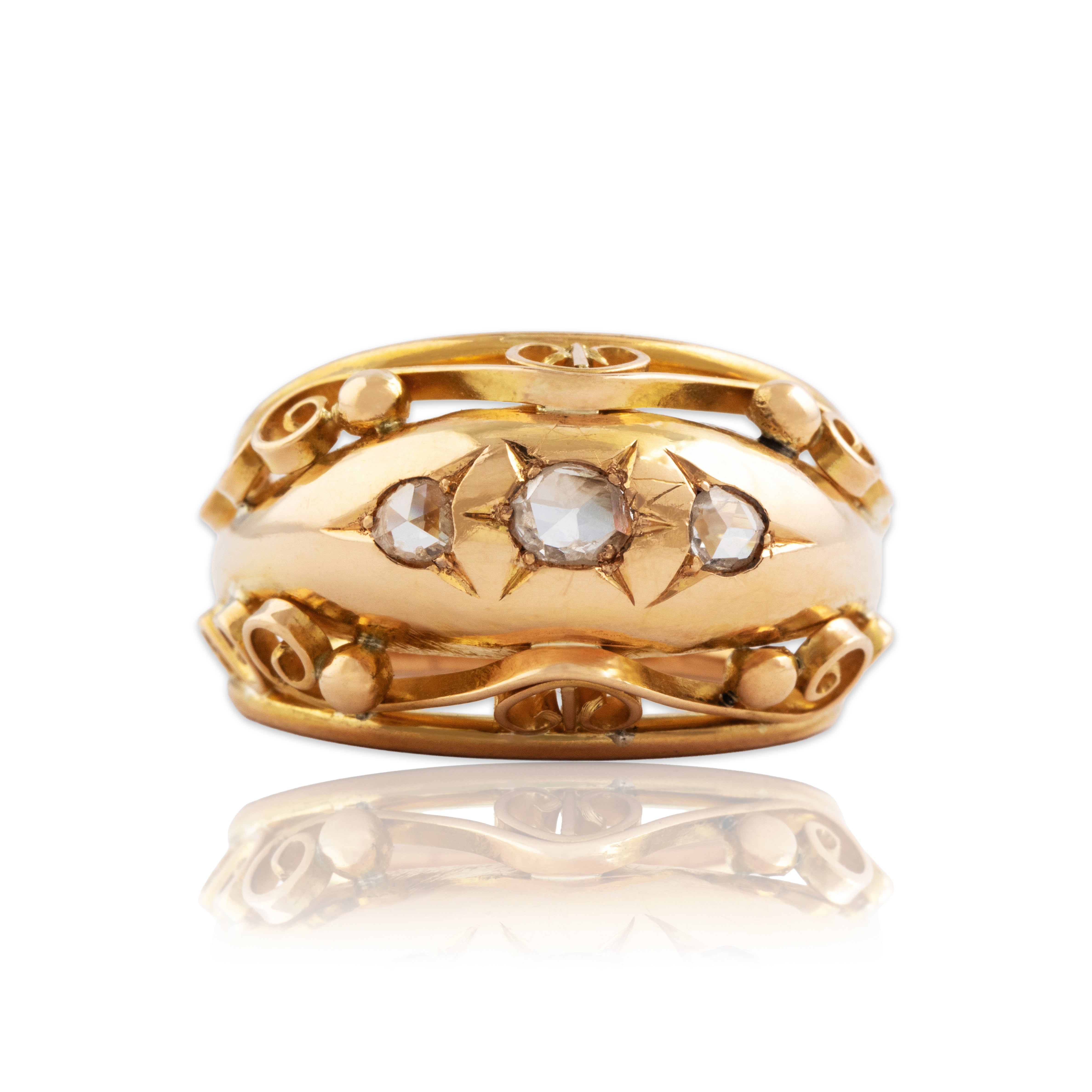 Vintage Large 18k Rosy Yellow & Yellow Gold Rose Cut Diamond Trio Dome Ring 7.75