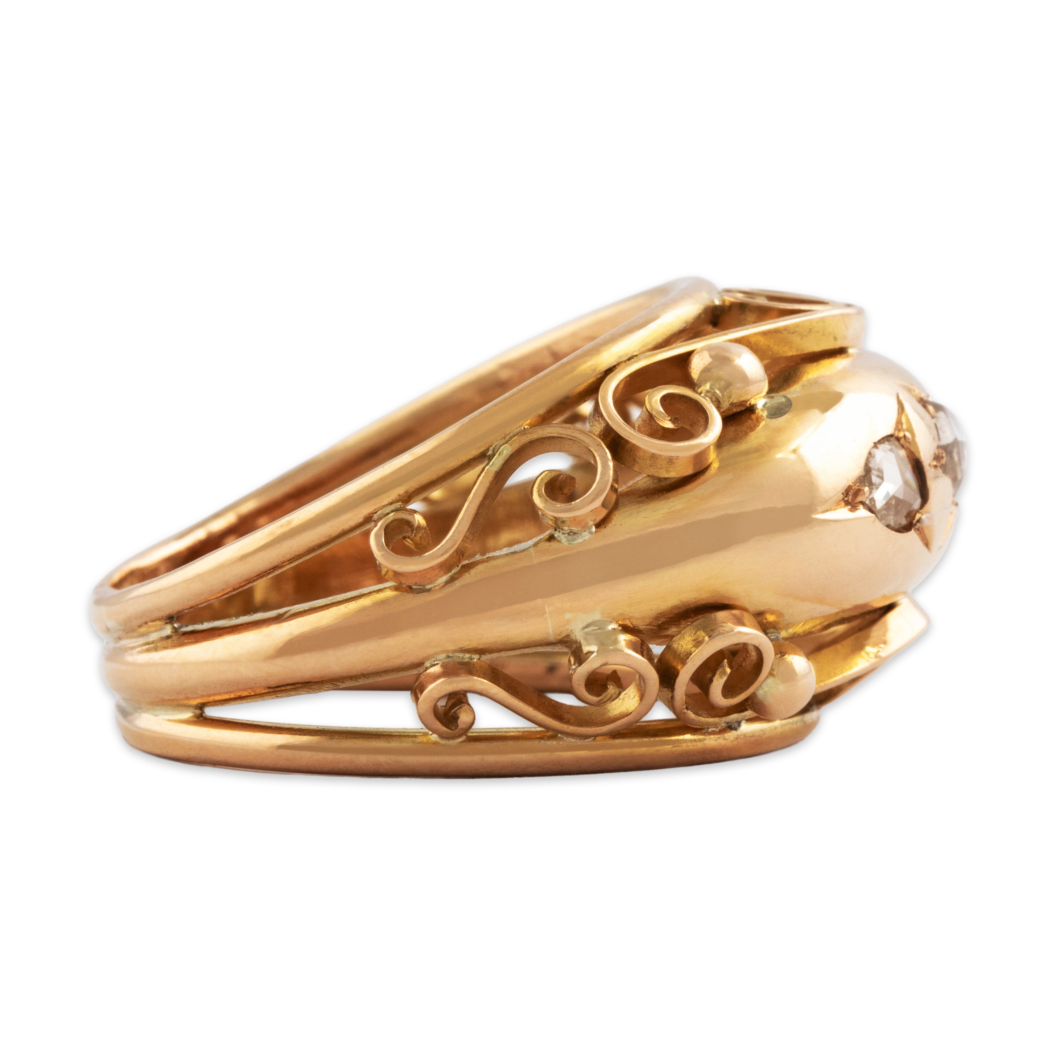 Vintage Large 18k Rosy Yellow & Yellow Gold Rose Cut Diamond Trio Ring - Side view