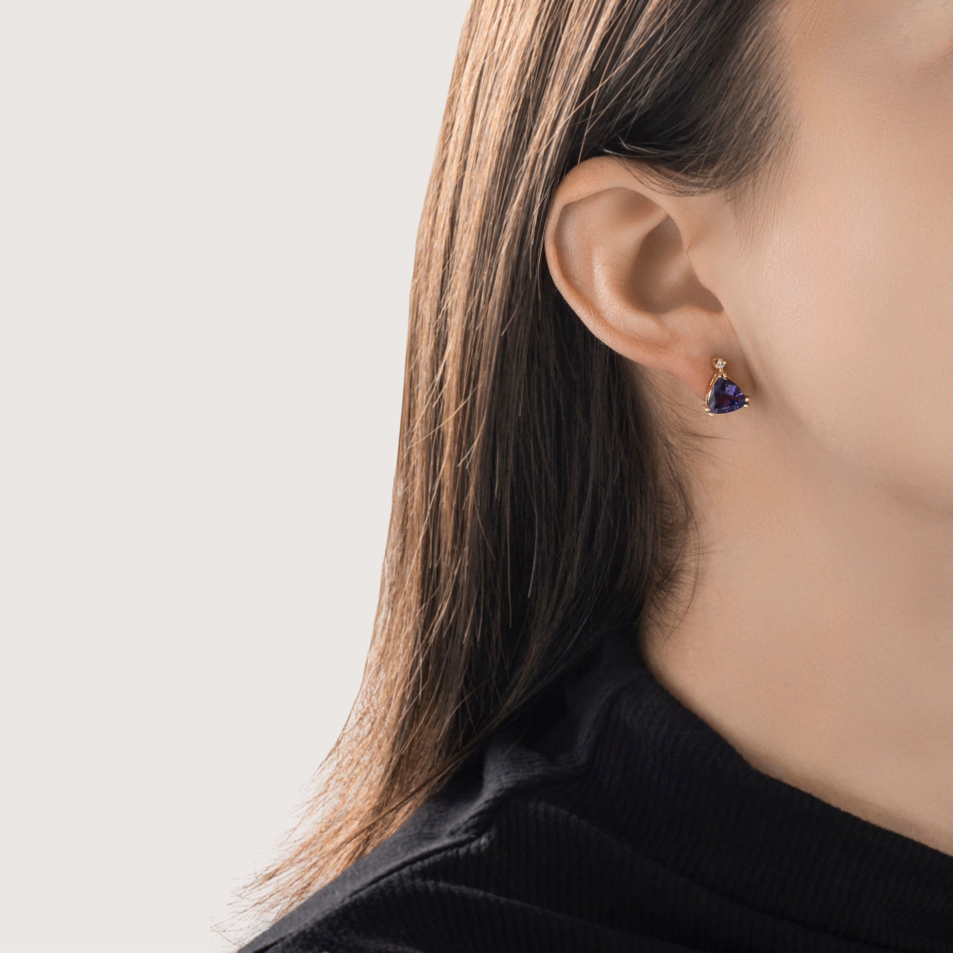 Vintage 14k Yellow Gold 2.2cttw Iolite Diamond Trilliant Stud Earrings - On model view