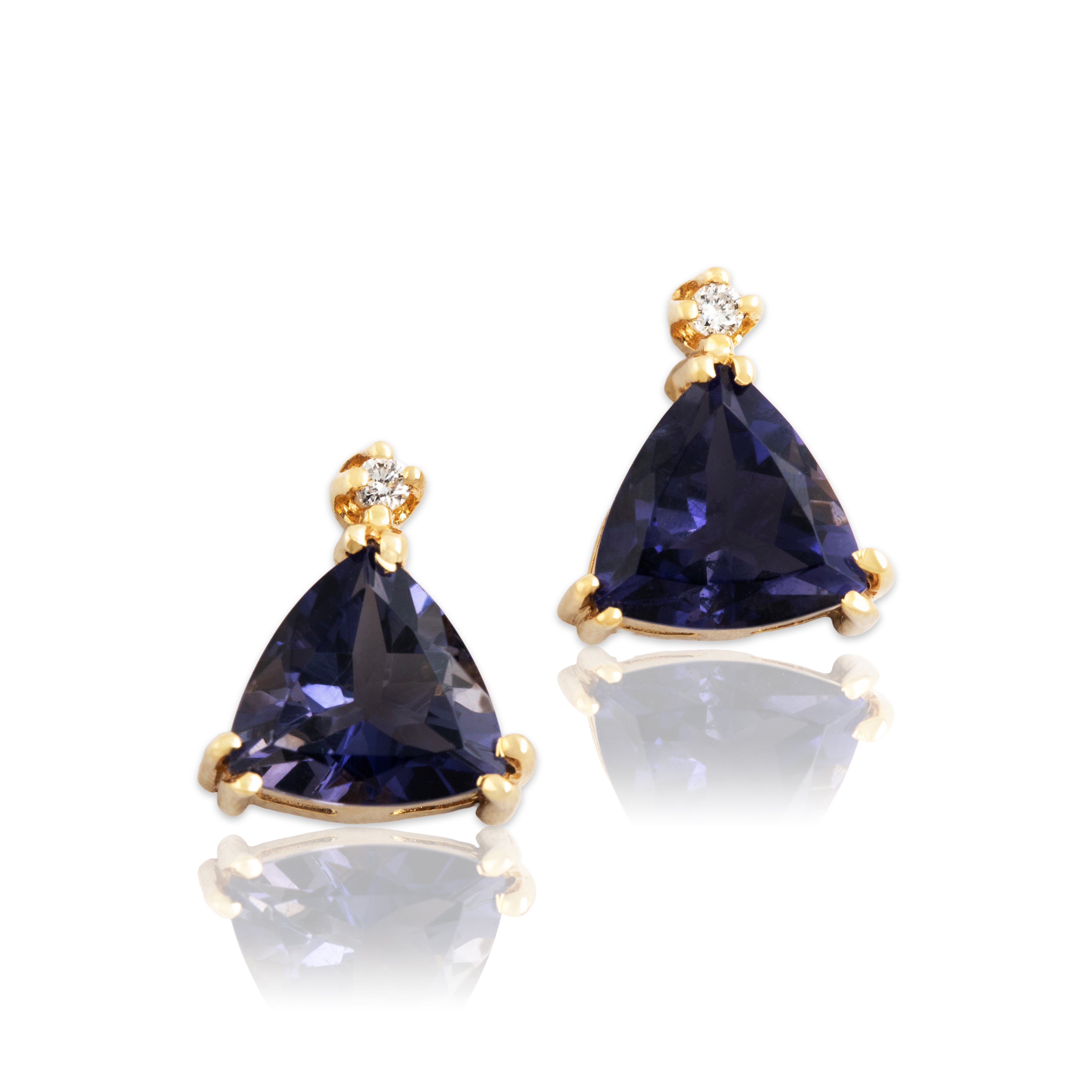 Vintage 14k Yellow Gold 2.2cttw Iolite Diamond Trilliant Stud Earrings - Close-up view