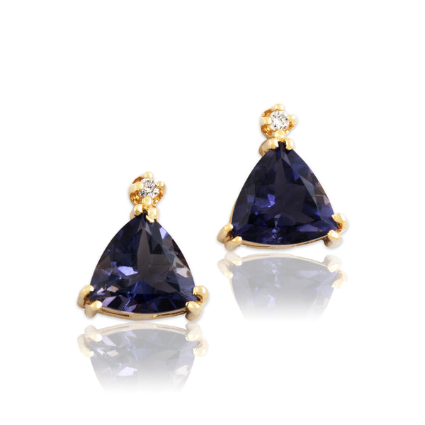 Vintage 14k Yellow Gold 2.2cttw Iolite Diamond Trilliant Stud Earrings