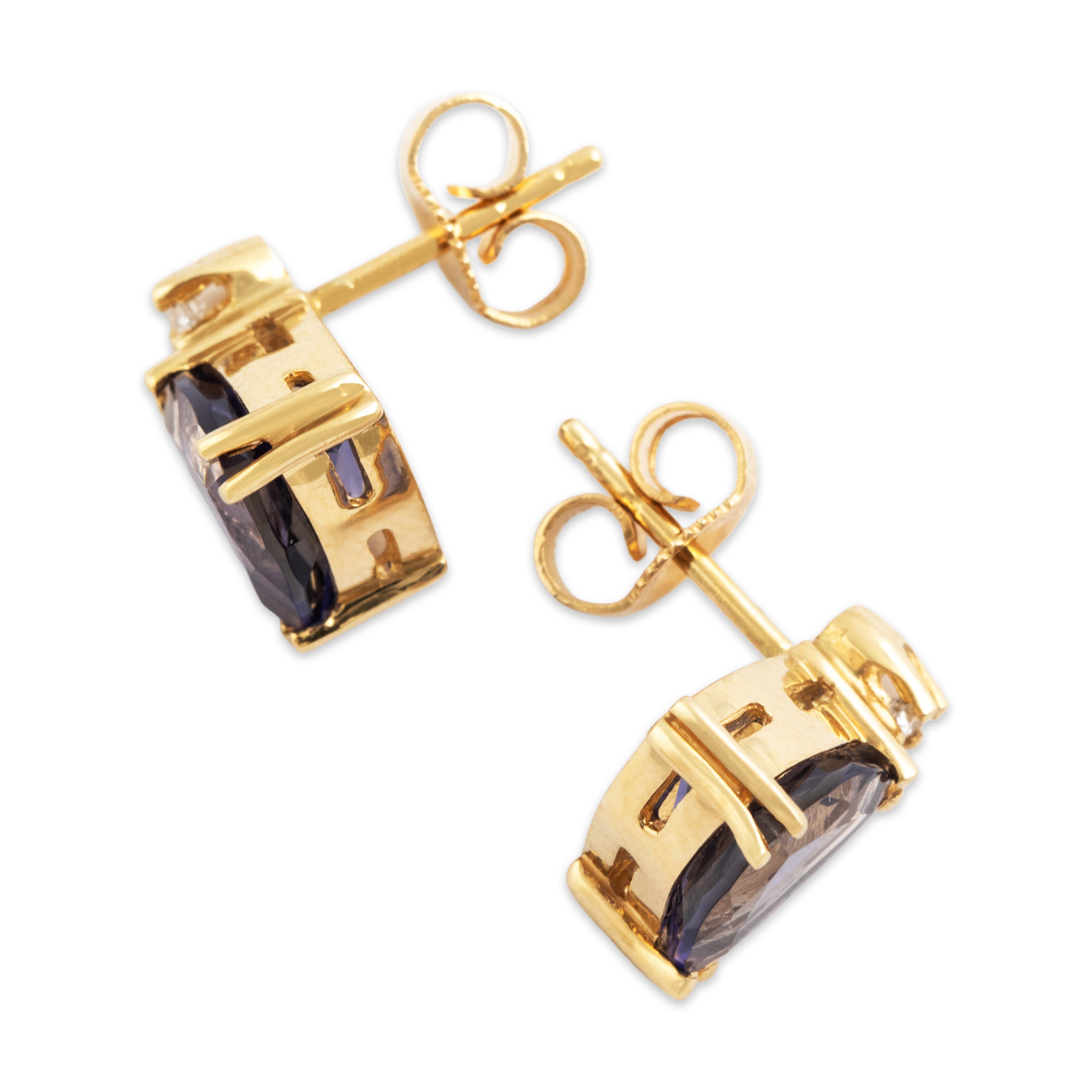 Vintage 14k Yellow Gold 2.2cttw Iolite Diamond Trilliant Stud Earrings - Side view