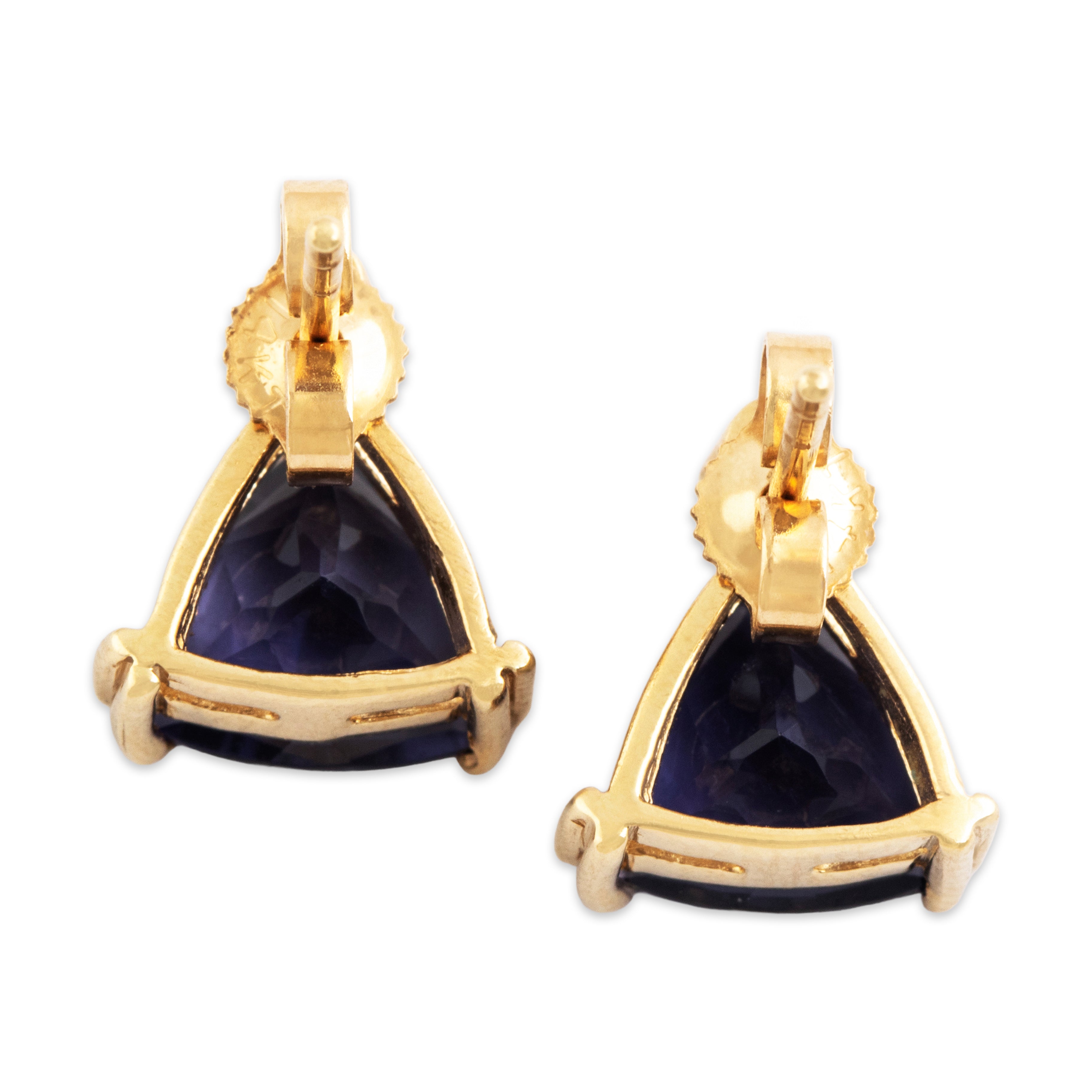 Vintage 14k Yellow Gold 2.2cttw Iolite Diamond Trilliant Stud Earrings - Back view