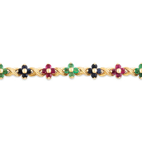 Vintage 14k Yellow Gold Ruby Sapphire Emerald Darling Floral Bracelet 7.25"