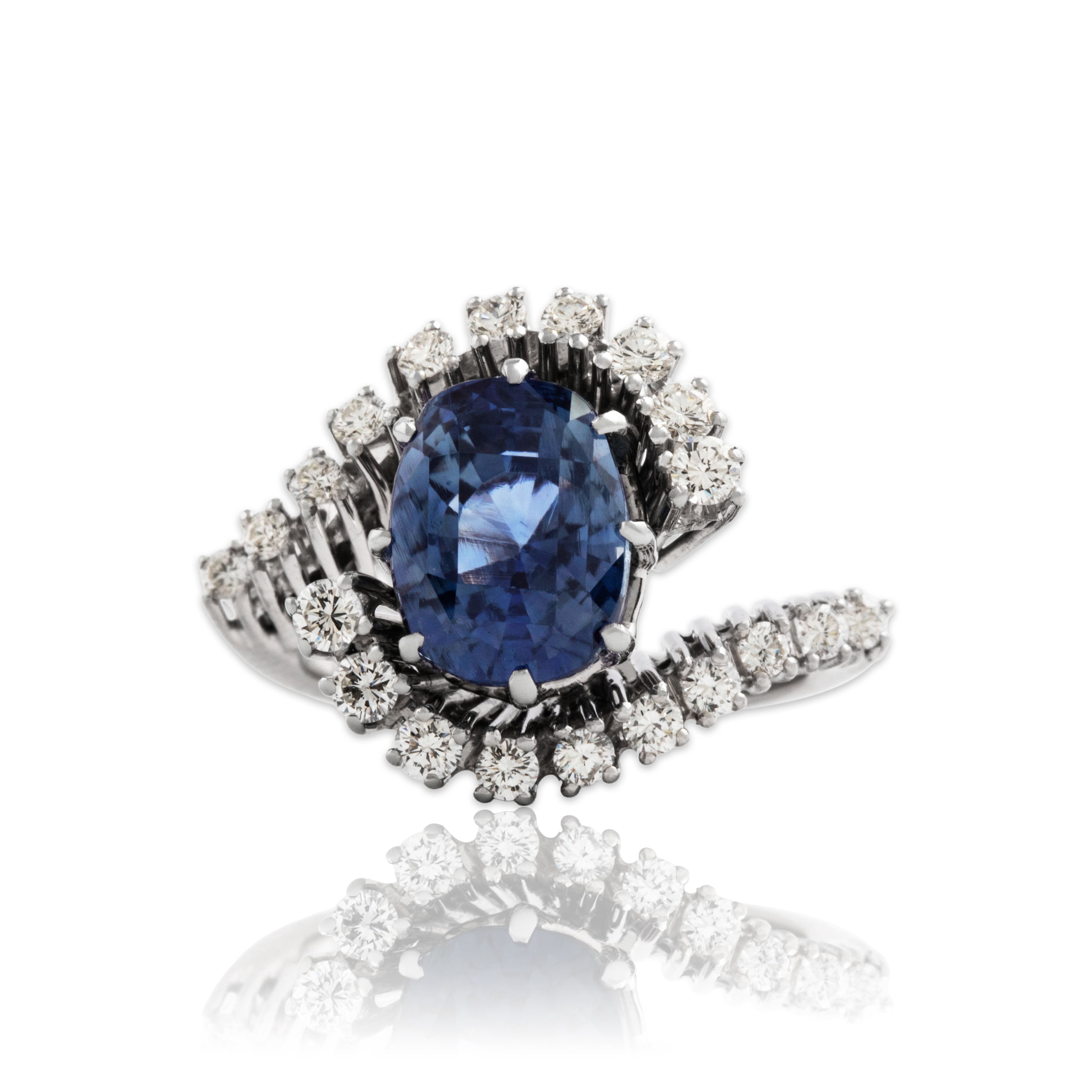 Vintage 18k White Gold 5.6ct No Heat GIA Blue Sapphire Diamond Sublime Ring 5.75