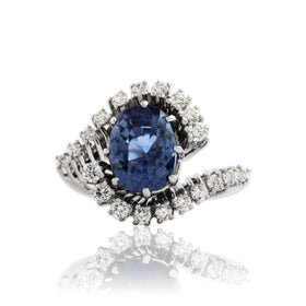 Vintage 18k White Gold 5.6ct No Heat GIA Blue Sapphire Diamond Sublime Ring 5.75