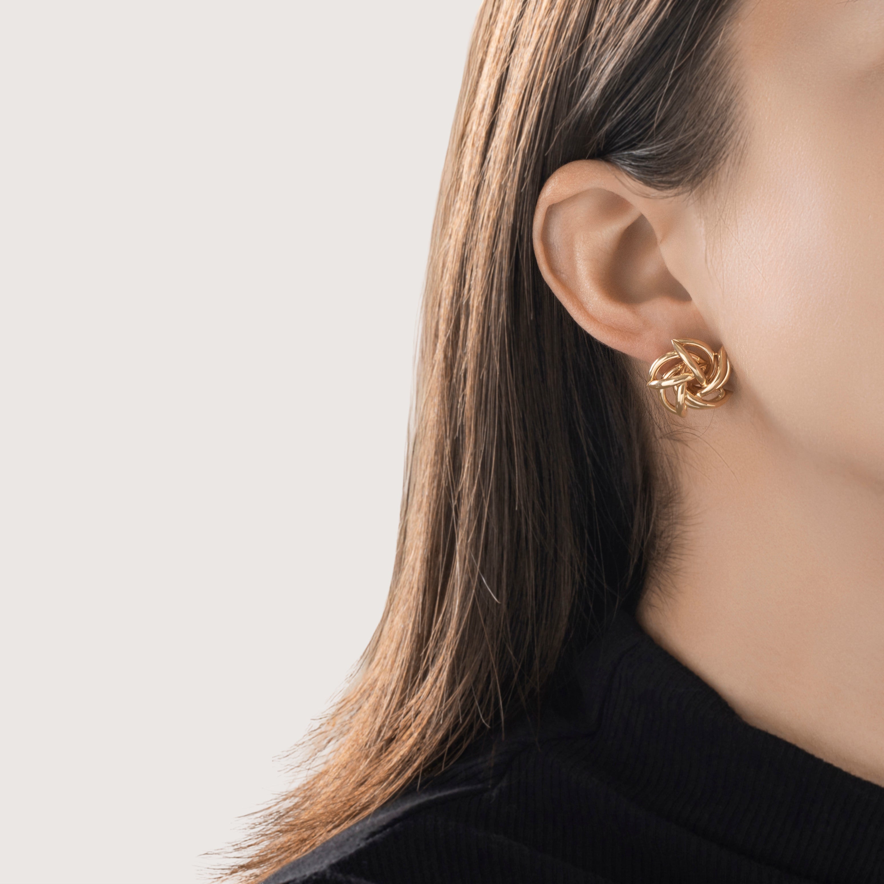 Vintage 14k Yellow Gold Swirling Stacked Tube Statement Stud Earrings - On model view