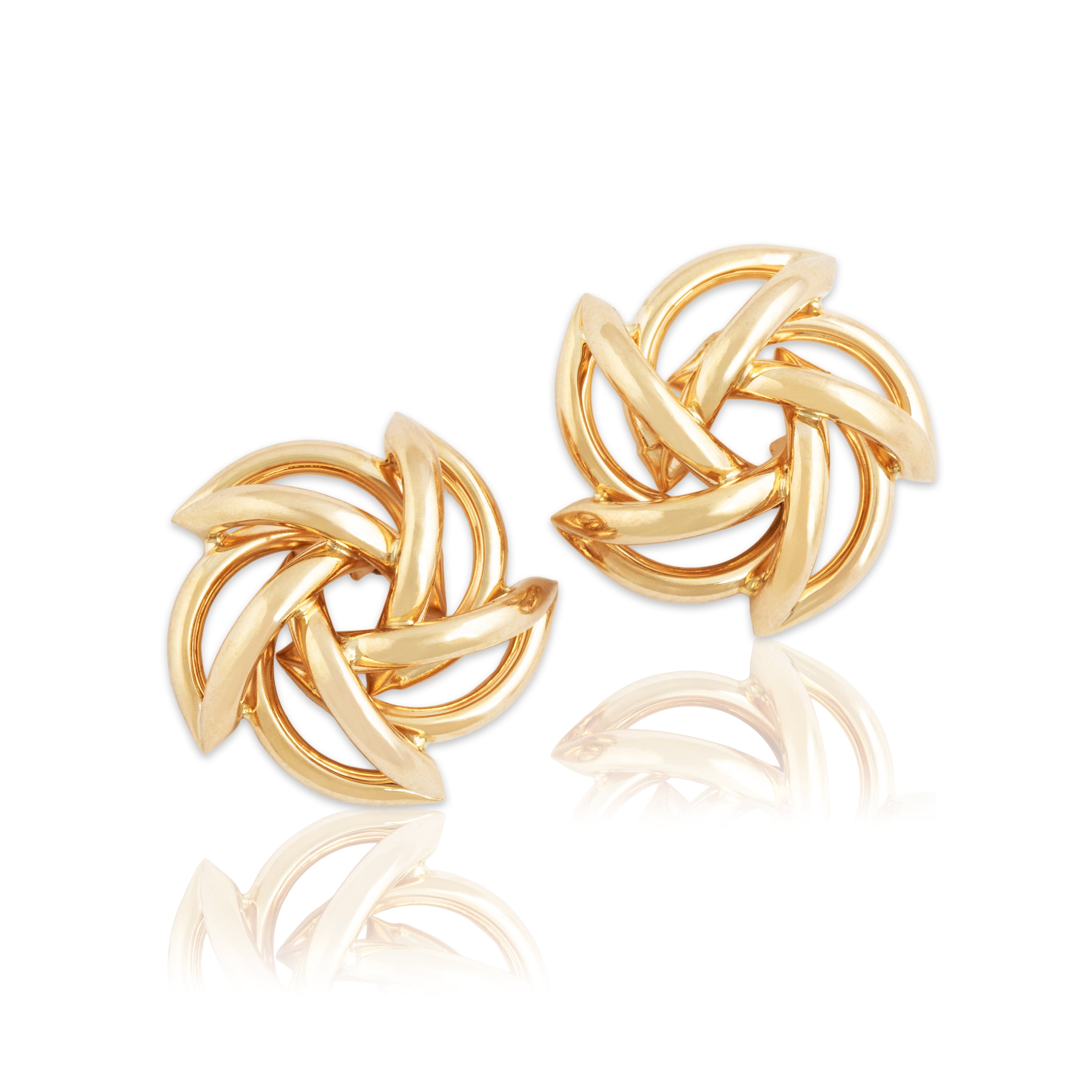 Vintage 14k Yellow Gold Swirling Stacked Tube Statement Stud Earrings - Close-up view