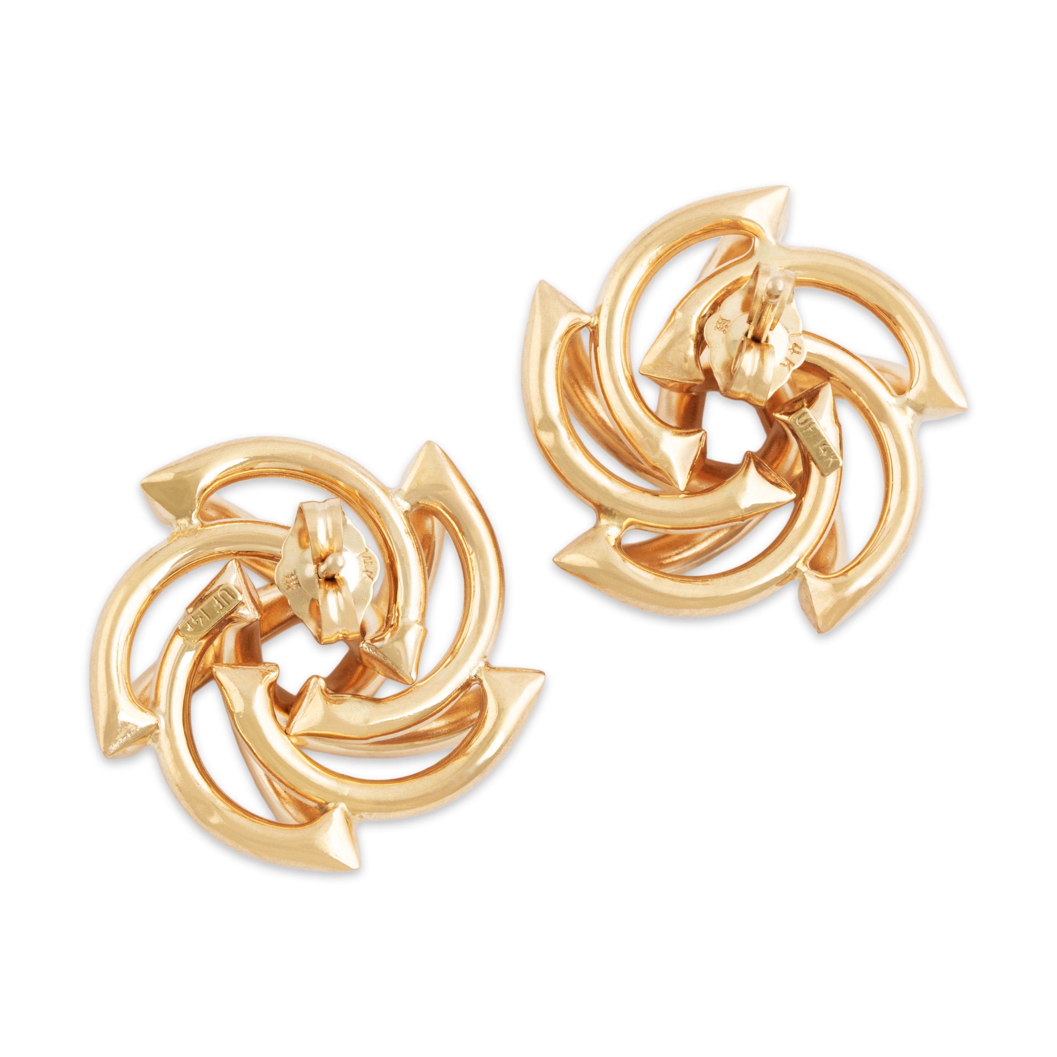 Vintage 14k Yellow Gold Swirling Stacked Tube Statement Stud Earrings - Back view