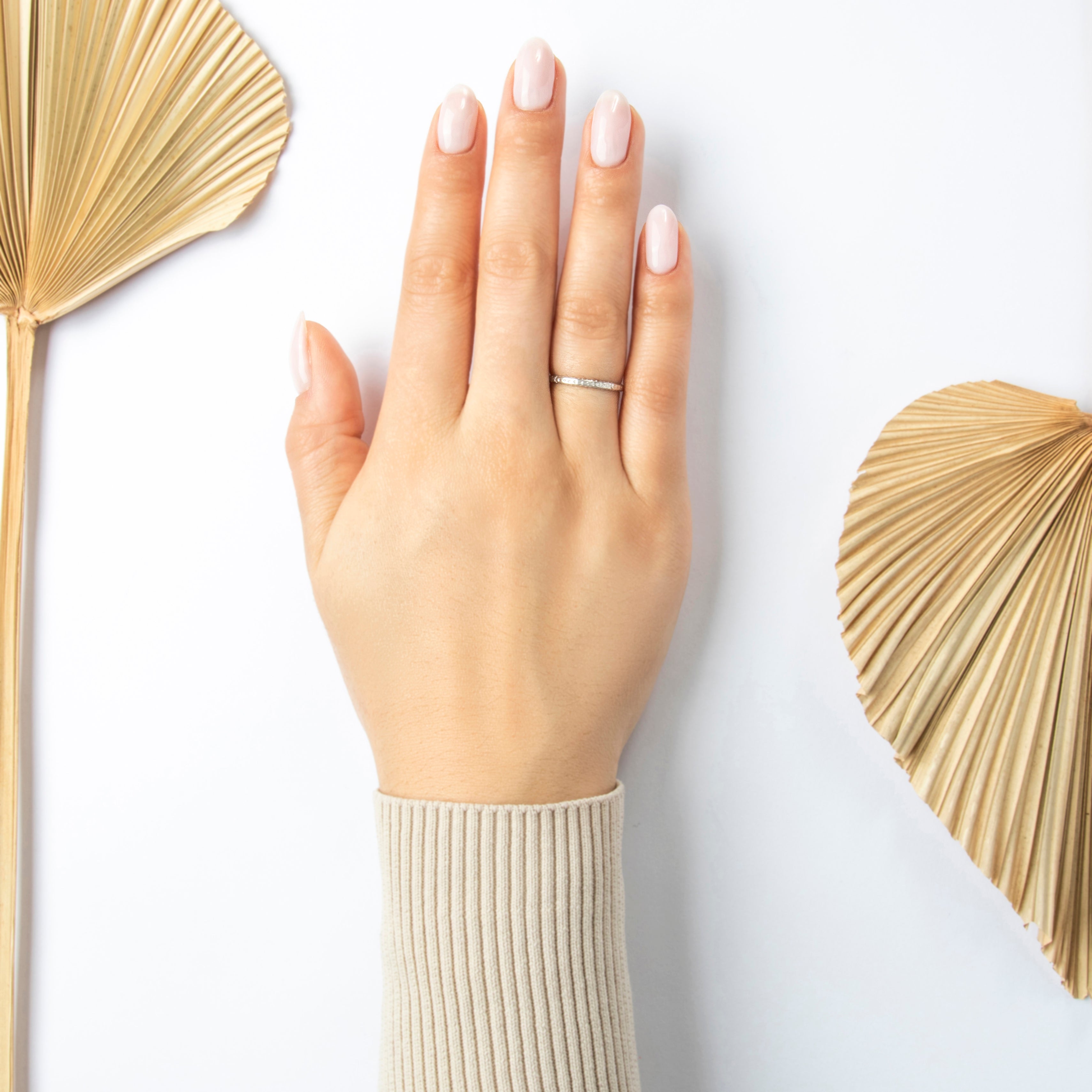 Antique Art Deco Platinum Three-Sided Wheat & Blossom Band Ring - On model view