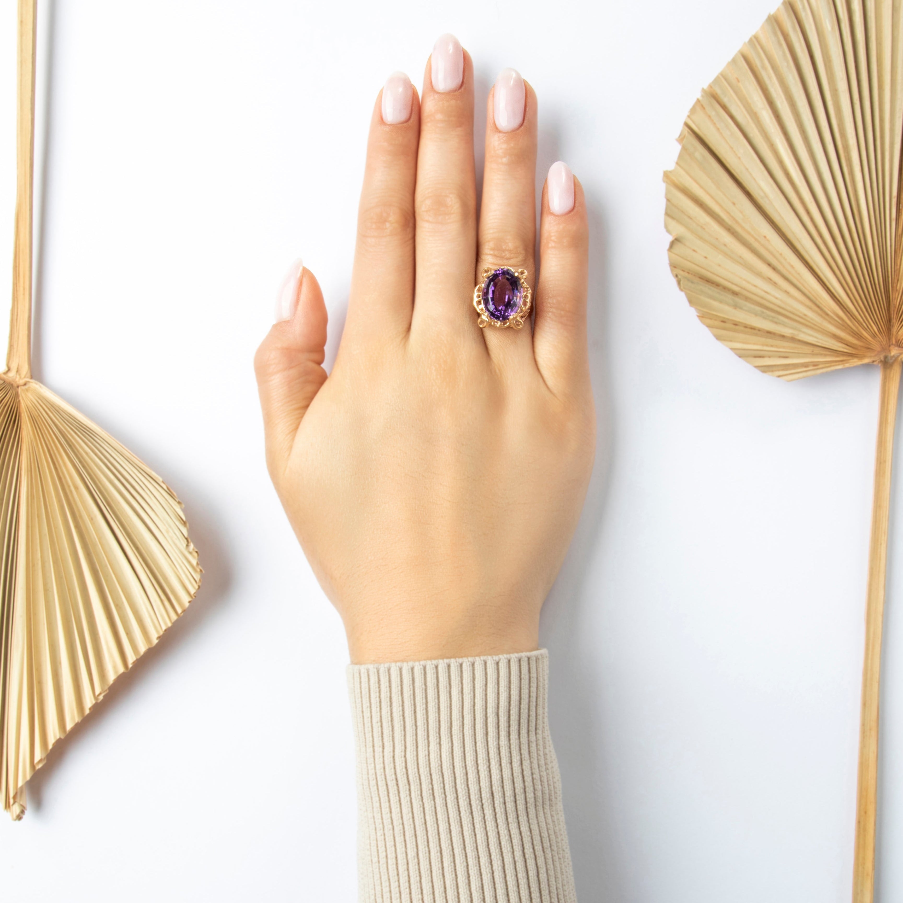 Vintage 14k Yellow Gold 8.75ct Amethyst Dramatic Basket Oval Cocktail Ring - On model view