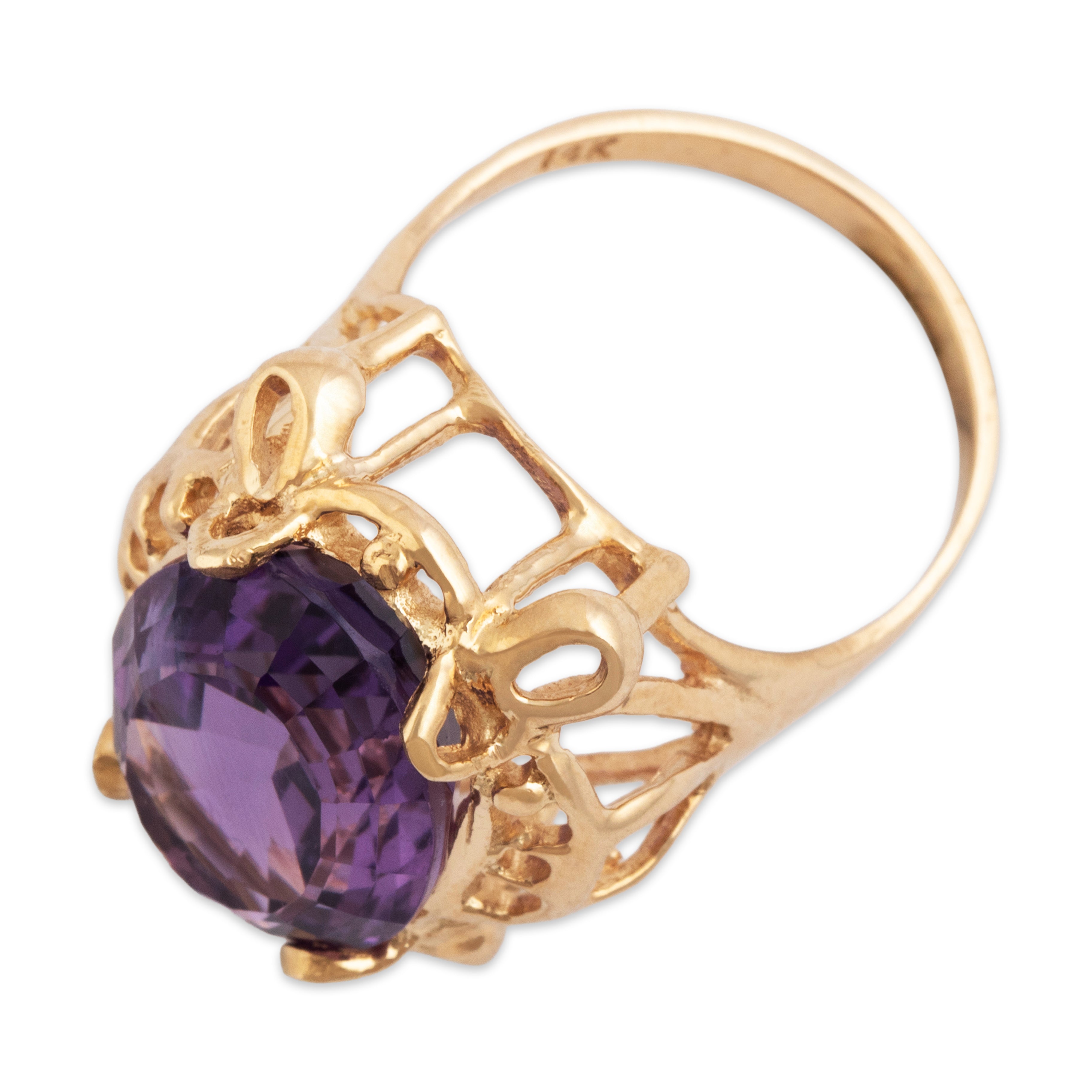 Vintage 14k Yellow Gold 8.75ct Amethyst Dramatic Basket Oval Cocktail Ring - Overall view
