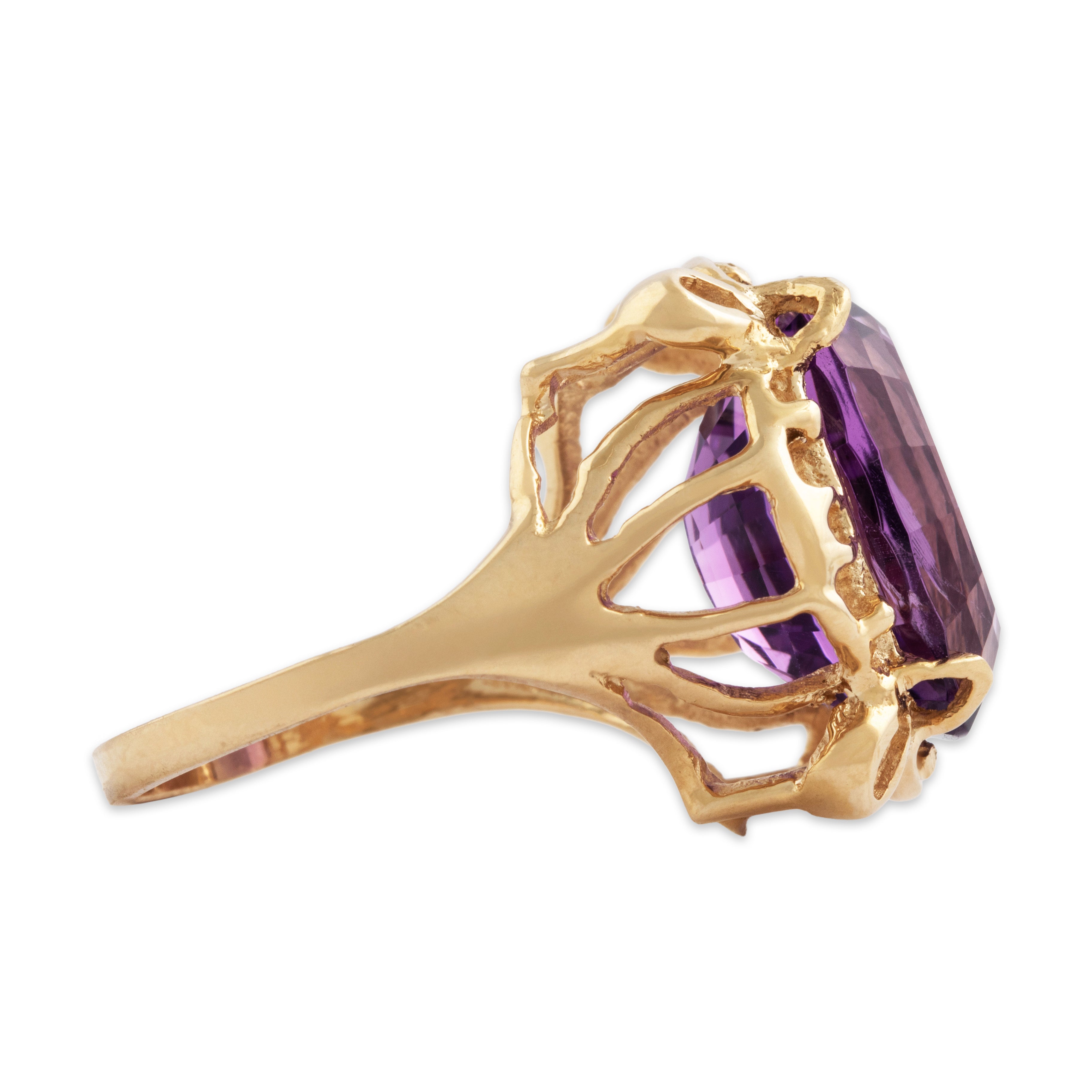 Vintage 14k Yellow Gold 8.75ct Amethyst Dramatic Basket Oval Cocktail Ring - Side view