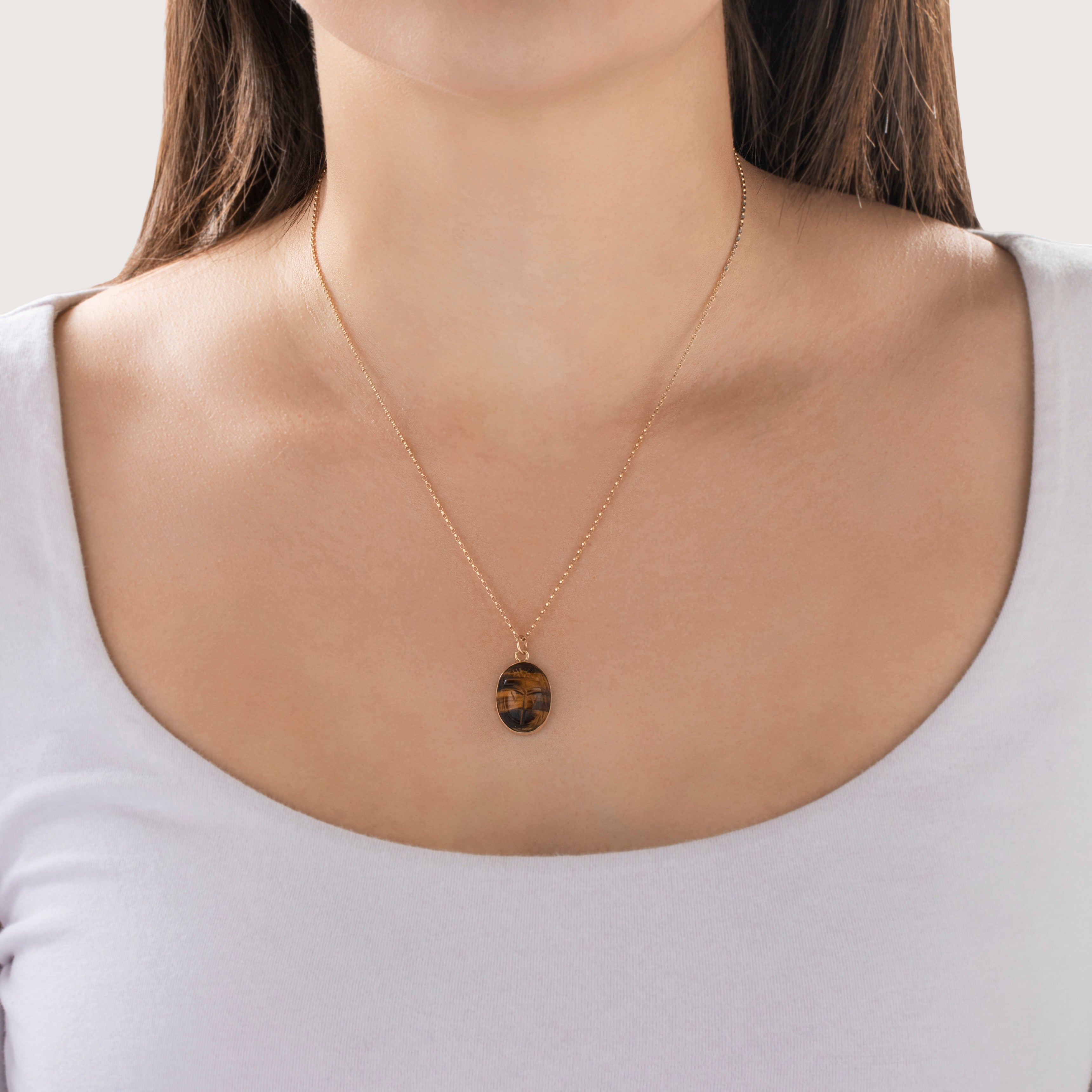 Antique Large 14k Rosy Yellow Gold Tiger's Eye Carved Scarab Charm / Pendant - On model view