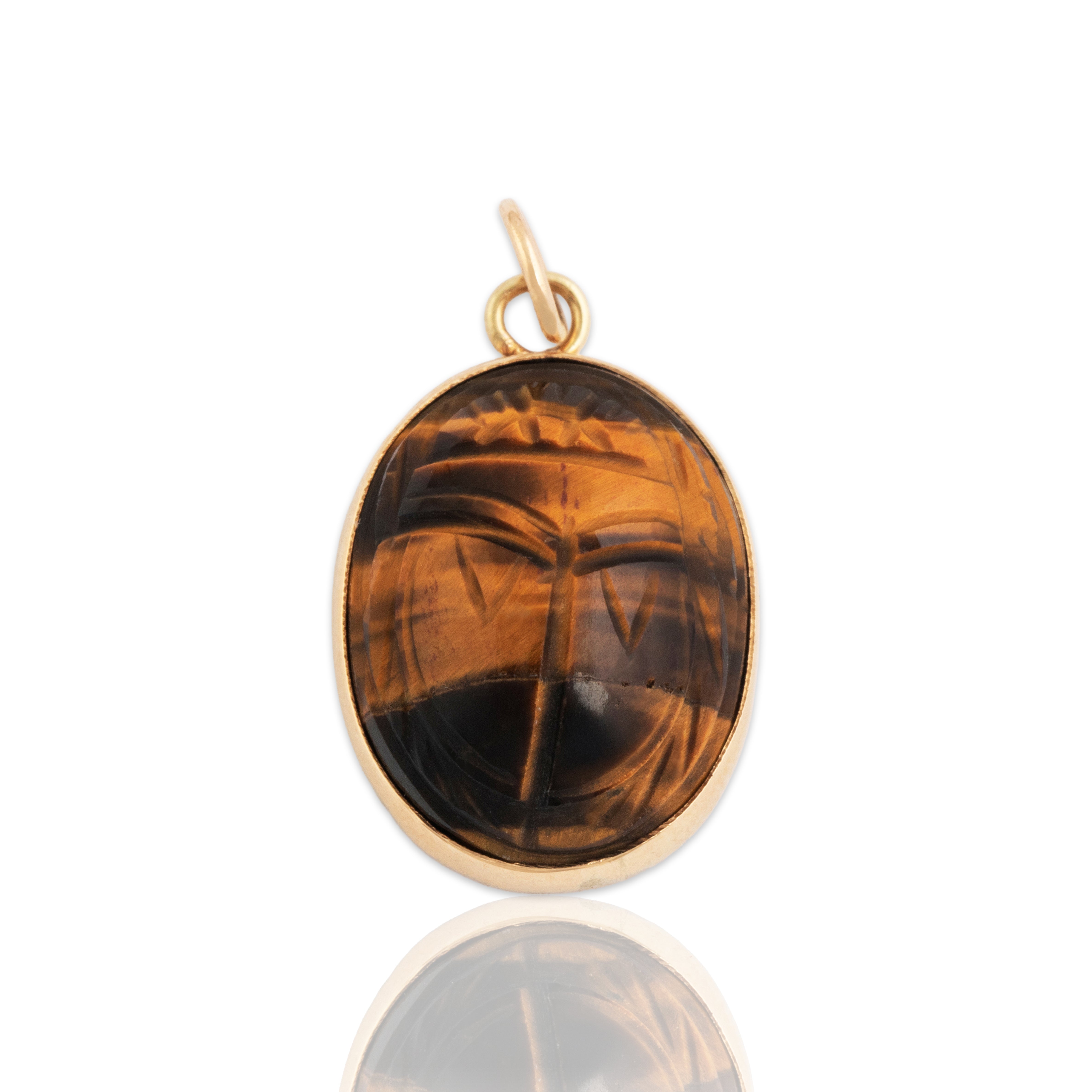 Antique Large 14k Rosy Yellow Gold Tiger's Eye Carved Scarab Charm / Pendant - Close-up view