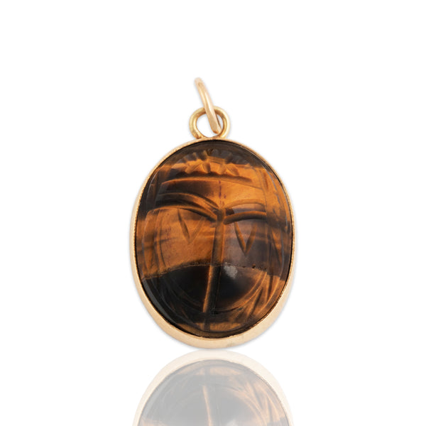 Antique 14k Rosy Yellow Gold Tiger's Eye Carved Scarab Charm / Pendant