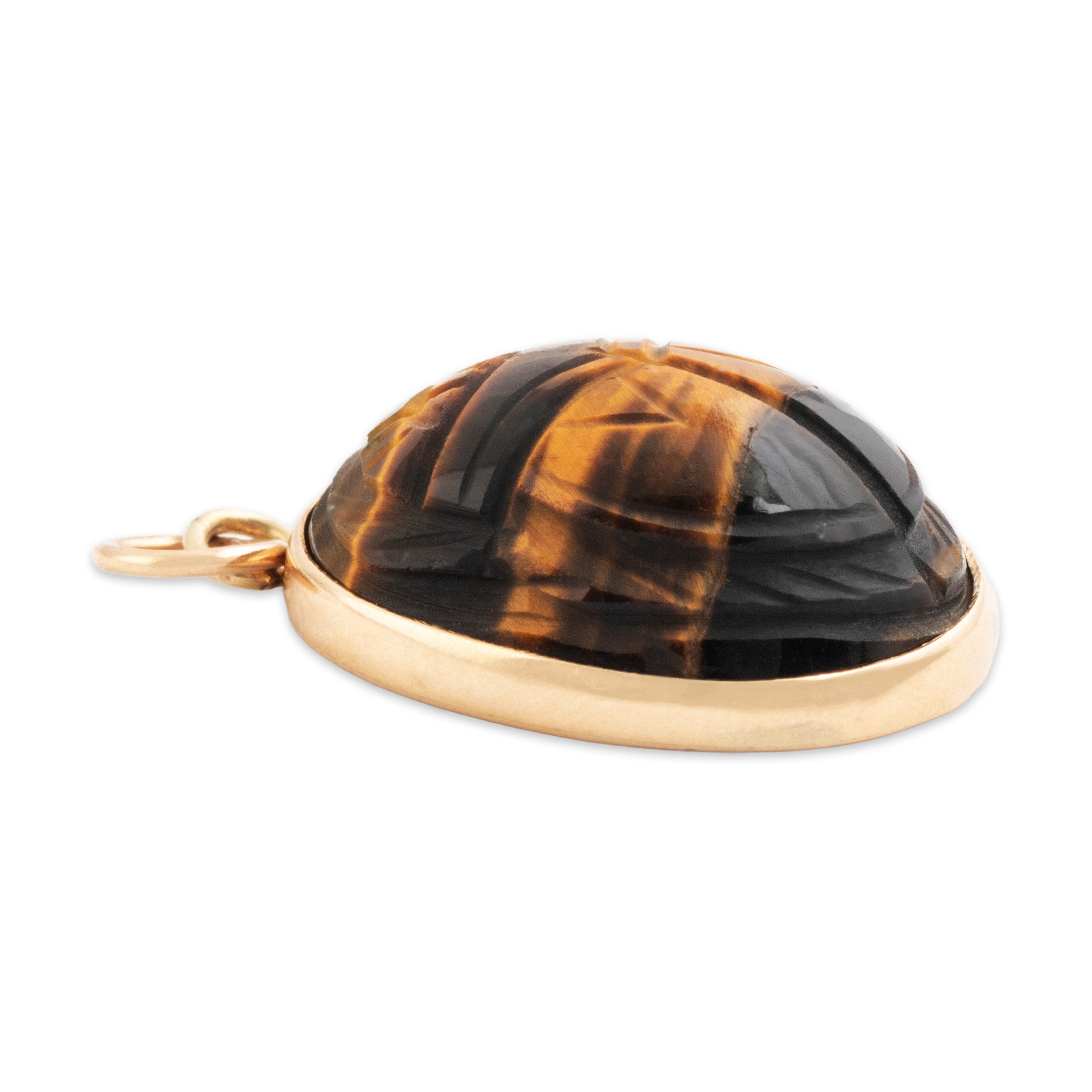 Antique Large 14k Rosy Yellow Gold Tiger's Eye Carved Scarab Charm / Pendant - Side view