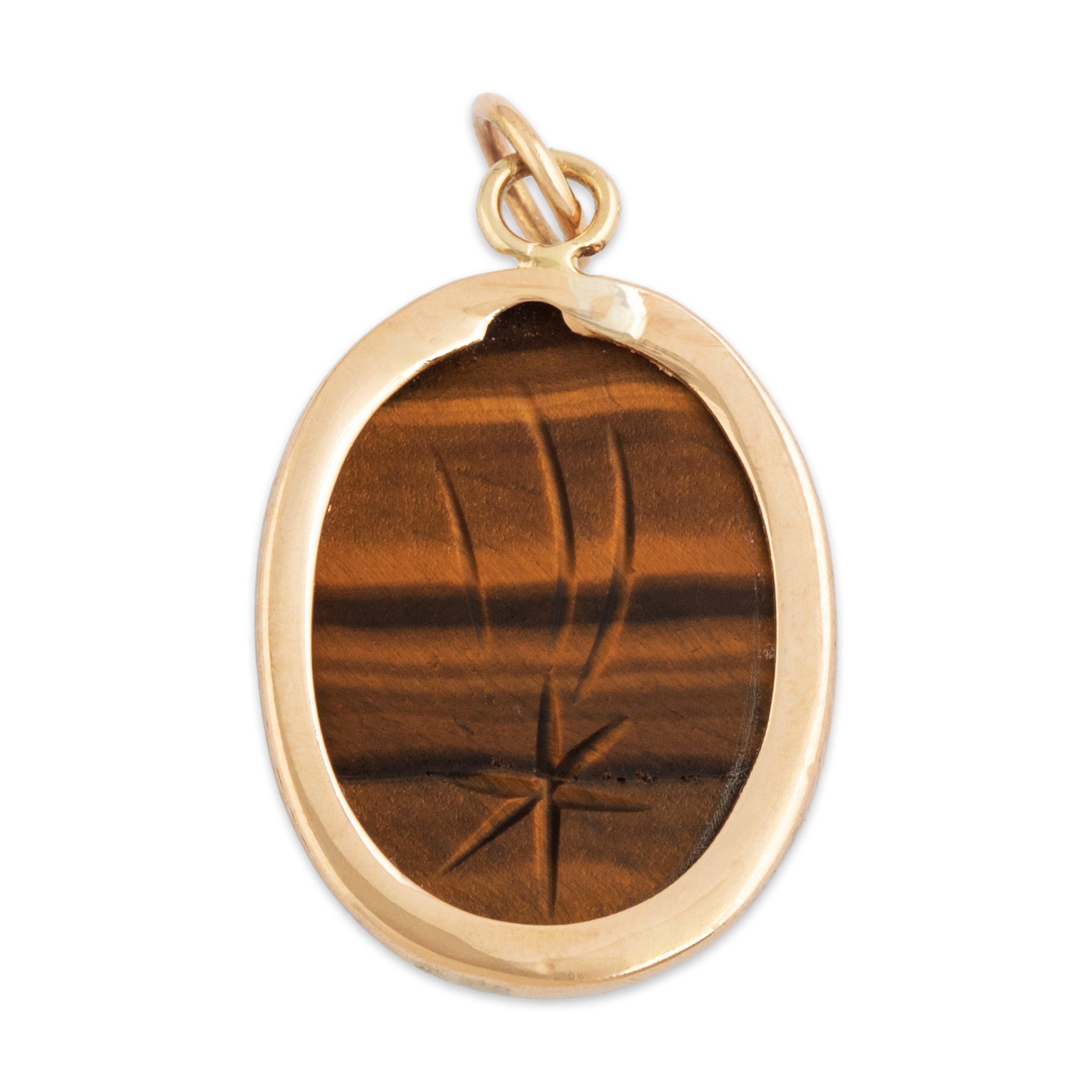 Antique Large 14k Rosy Yellow Gold Tiger's Eye Carved Scarab Charm / Pendant - Back view