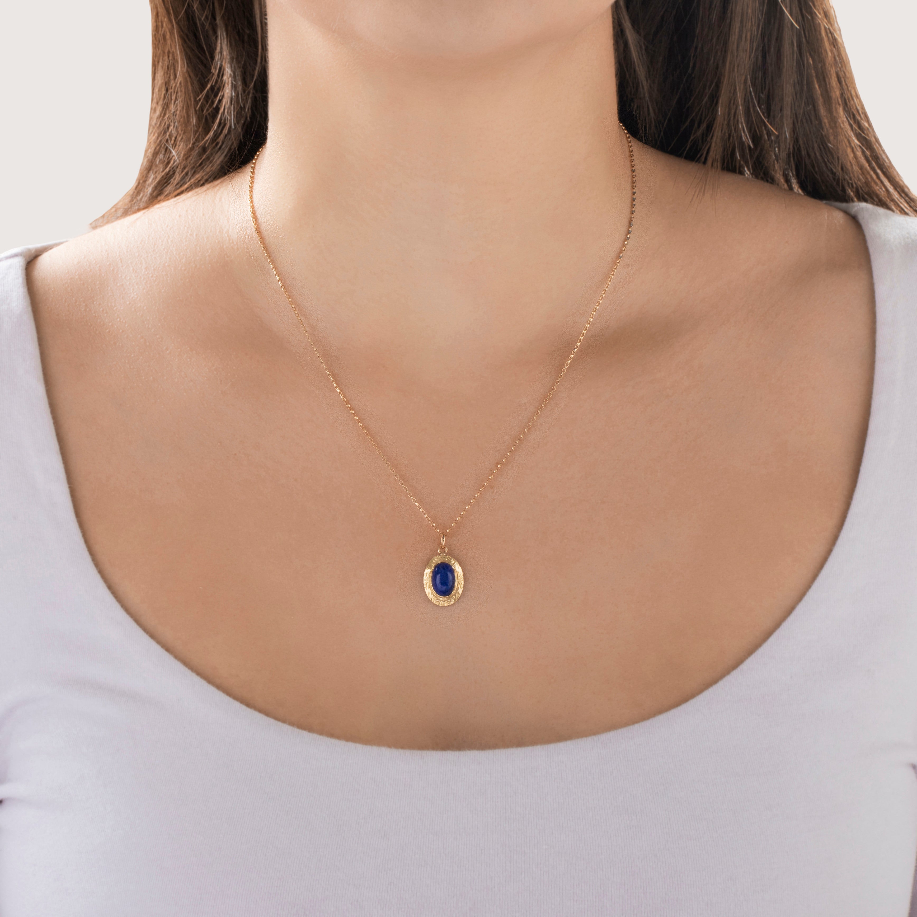 Antique 14k Yellow Gold 2ct Lapis Lazuli Pretty Engraved Border Charm / Pendant - On model view