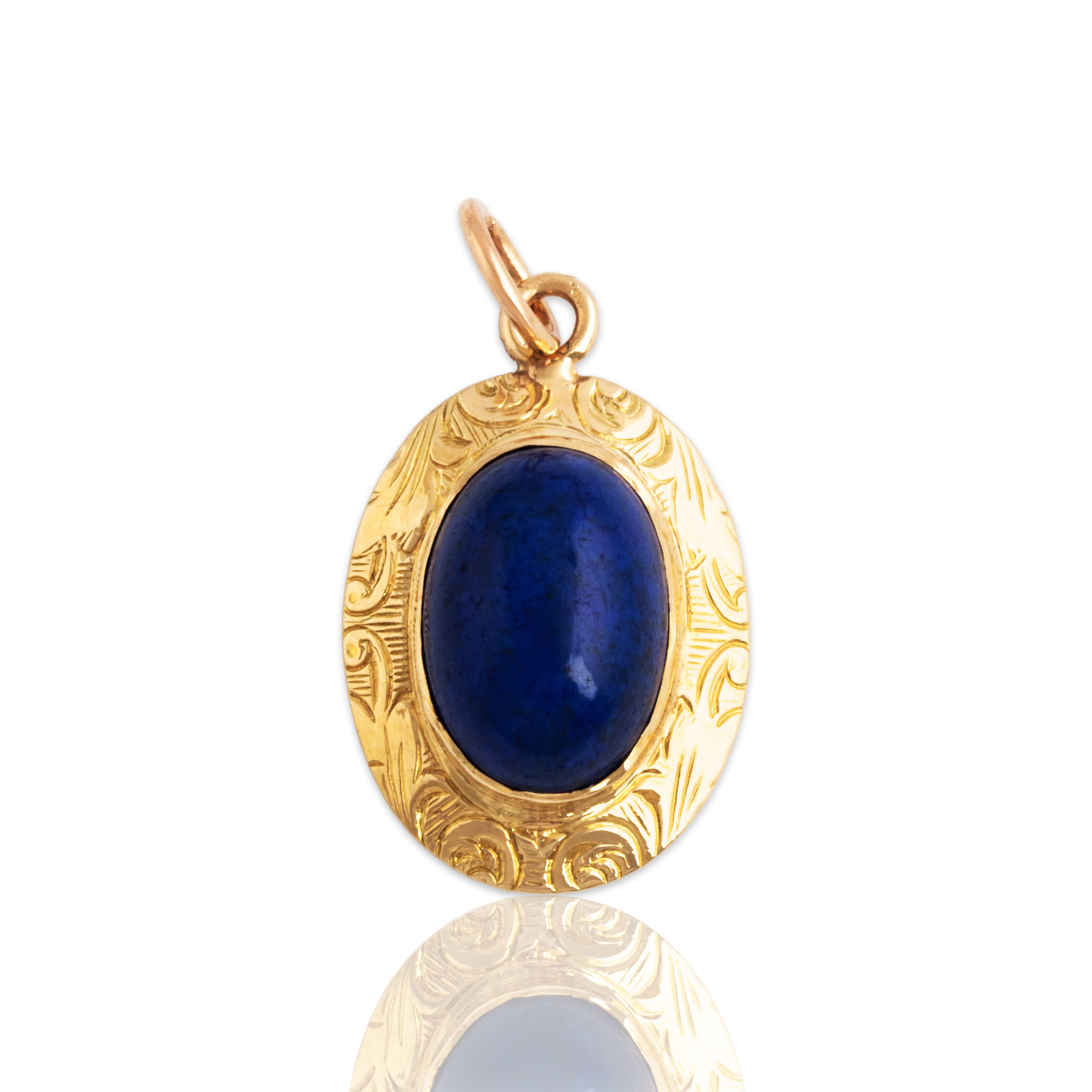 Antique 14k Yellow Gold 2ct Lapis Lazuli Pretty Engraved Border Charm / Pendant - Close-up view