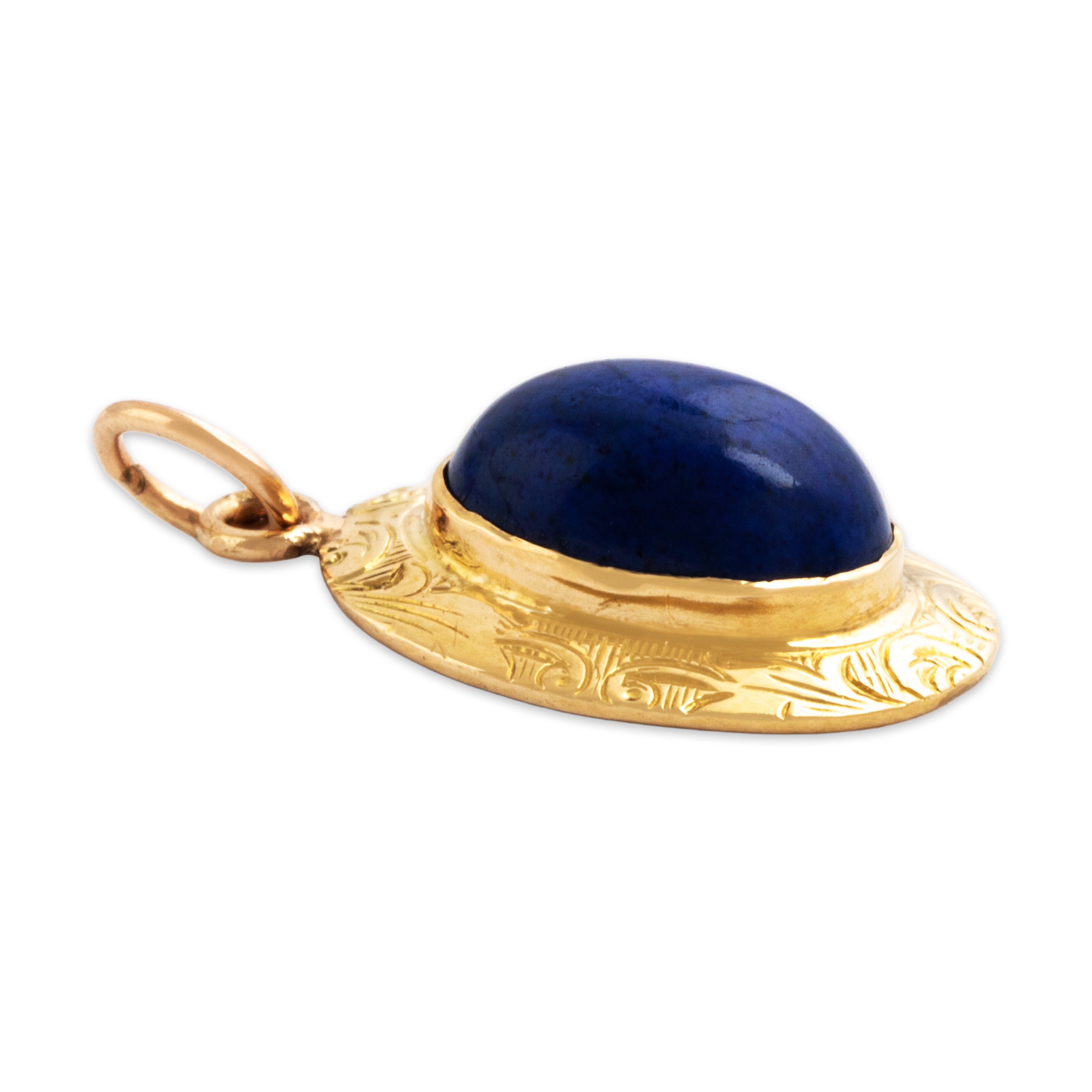 Antique 14k Yellow Gold 2ct Lapis Lazuli Pretty Engraved Border Charm / Pendant - Side view