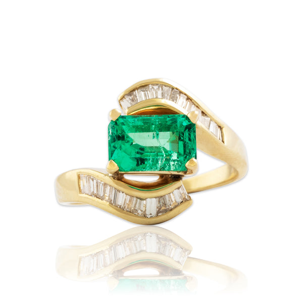 Vintage Stunning 14k Yellow Gold 1.9ct Emerald Diamond Baguette Swirl Ring 8.25