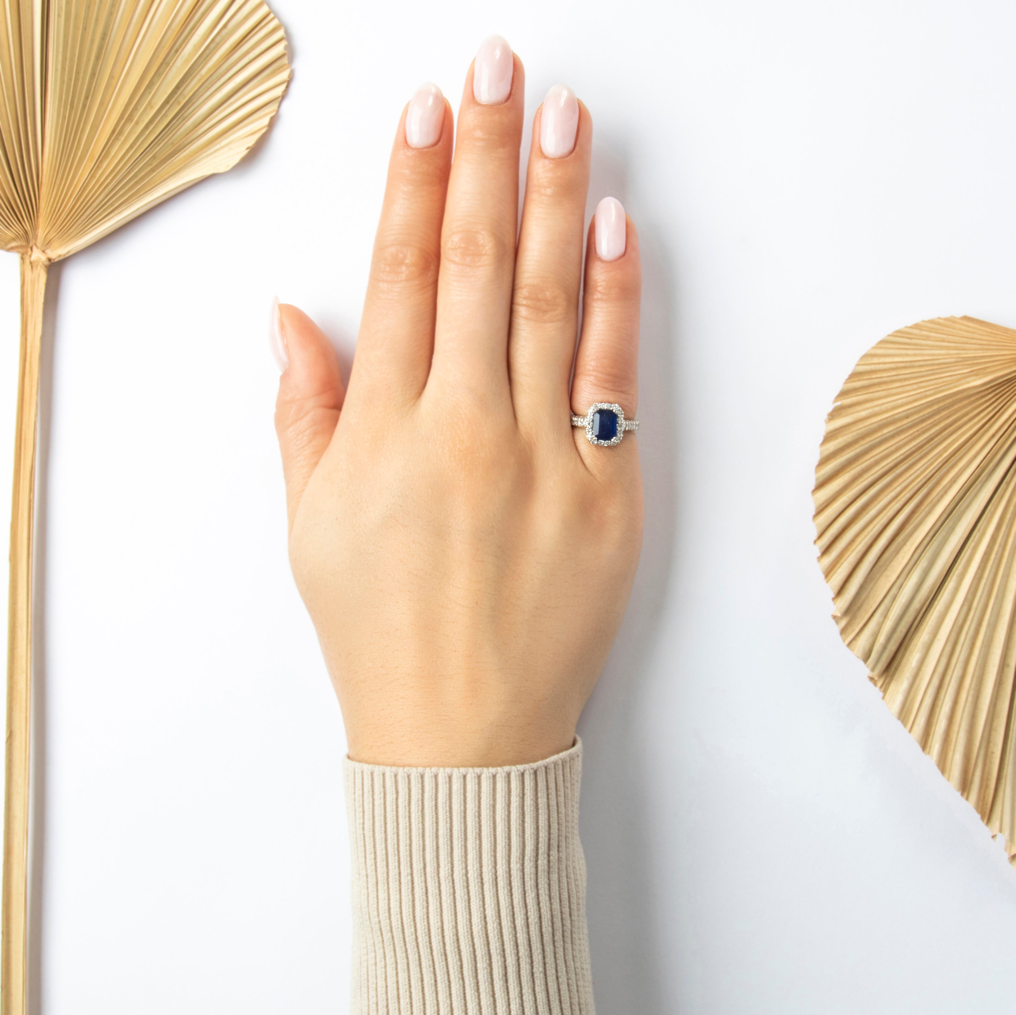 Vintage 14k White Gold 1.45ct Blue Sapphire .324cttw Diamond Pavé Halo Ring - On model view