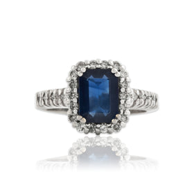 Vintage 14k White Gold 1.45ct Blue Sapphire .324cttw Diamond Halo Ring 4.50