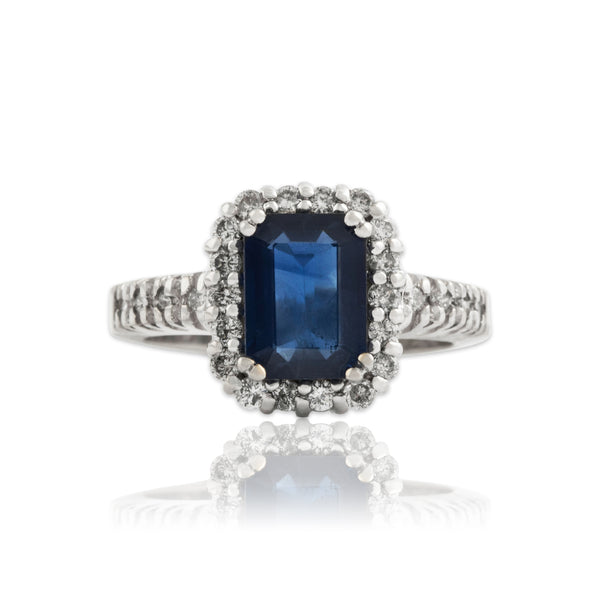 Vintage 14k White Gold 1.45ct Blue Sapphire .324cttw Diamond Halo Ring 4.50