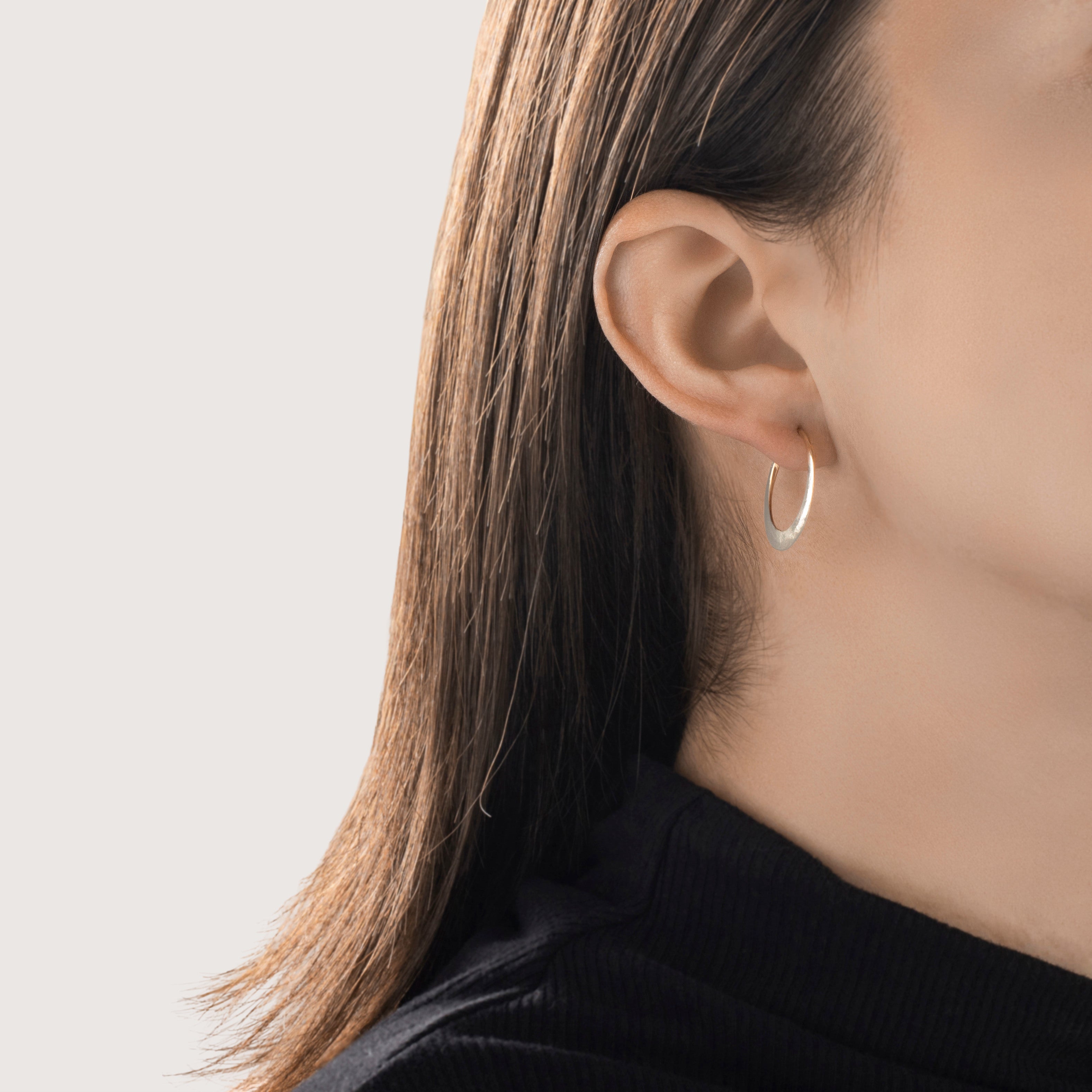 Vintage 14k Yellow Gold Pretty Hammered Hoop Earrings - On model view