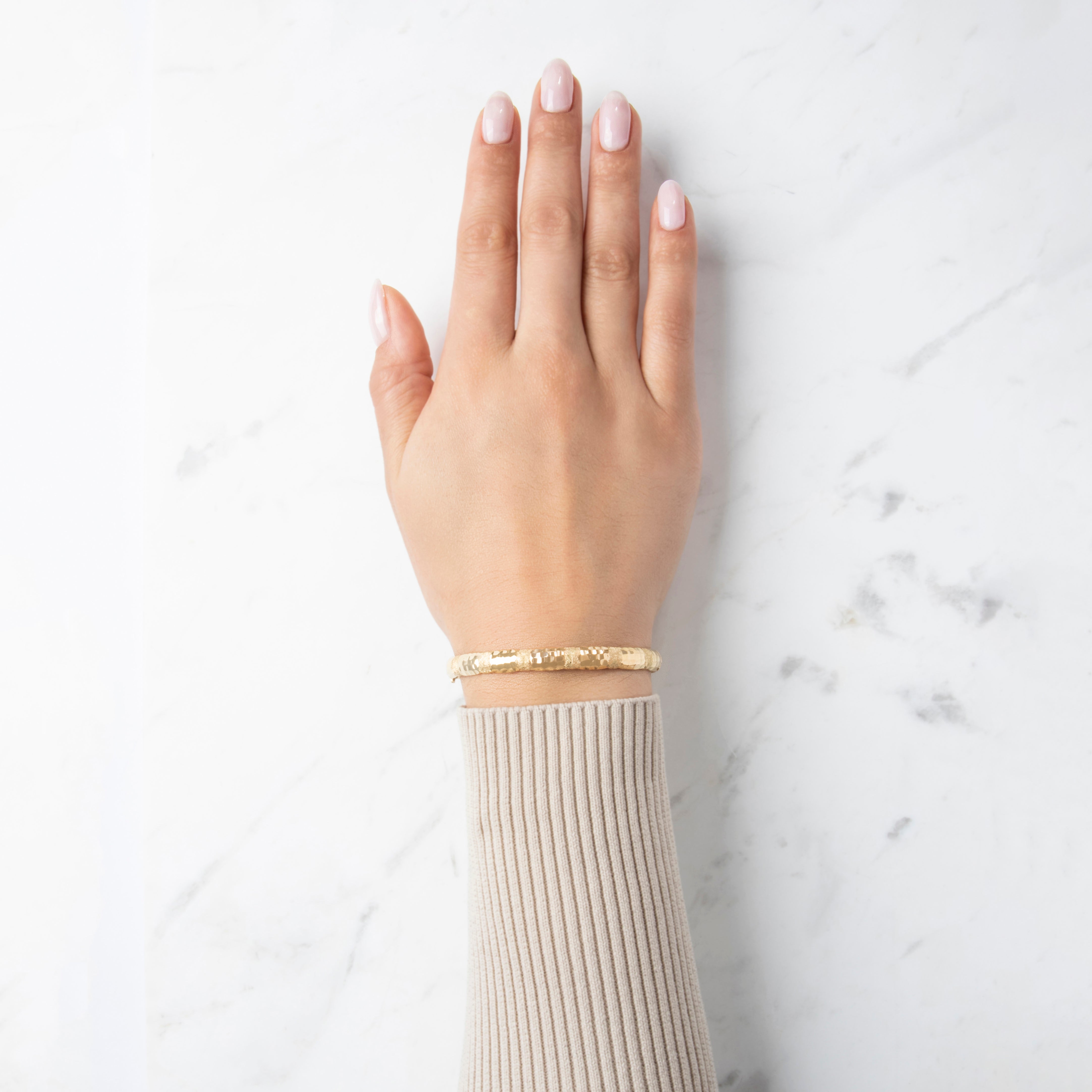 Vintage 14k Yellow Gold Dual Textured Hammered Bangle Bracelet - On model view