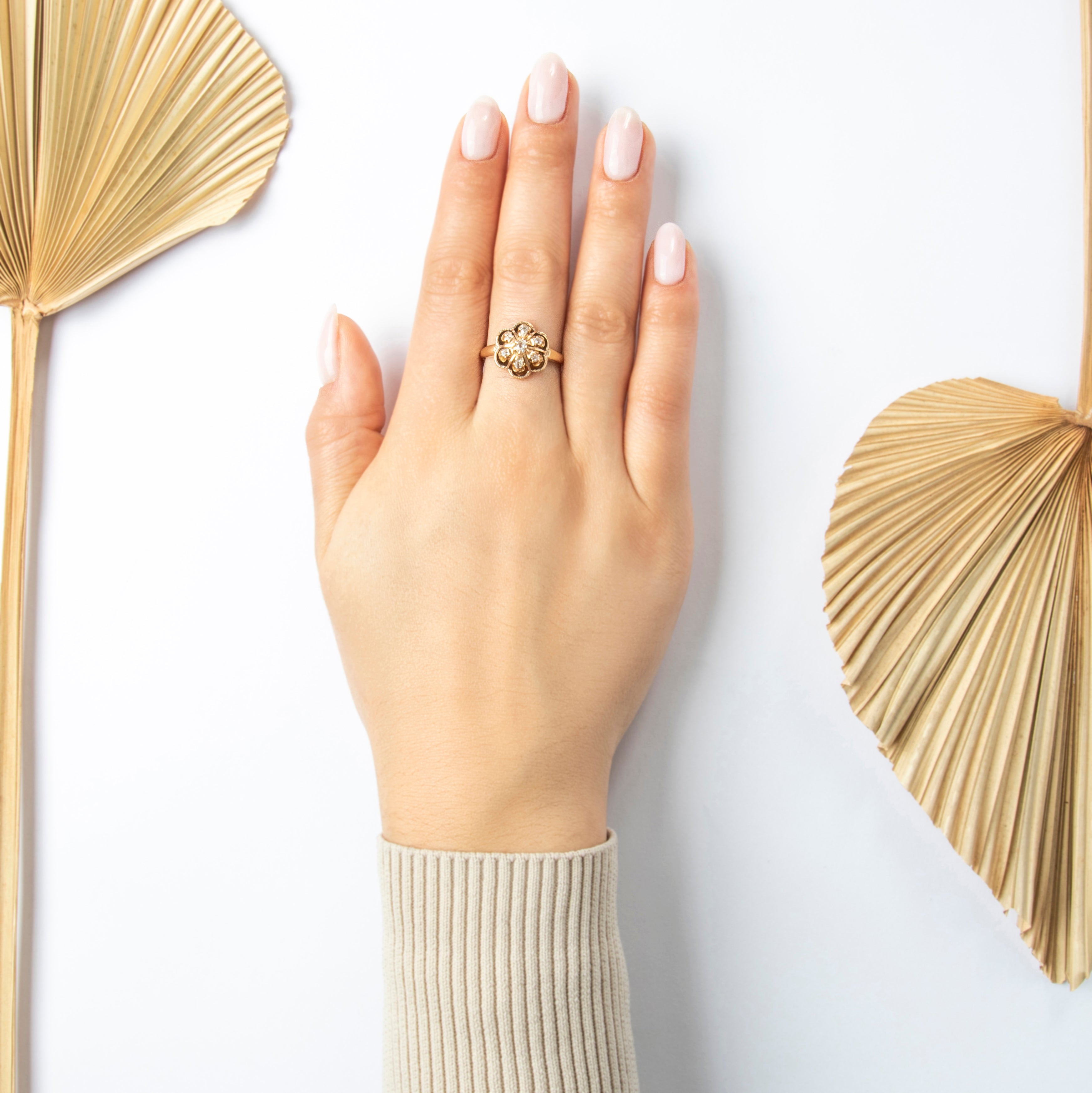 Antique 14k Rosy Yellow Gold .41cttw Old Mine Cut Diamond Buttercup Ring - On model view