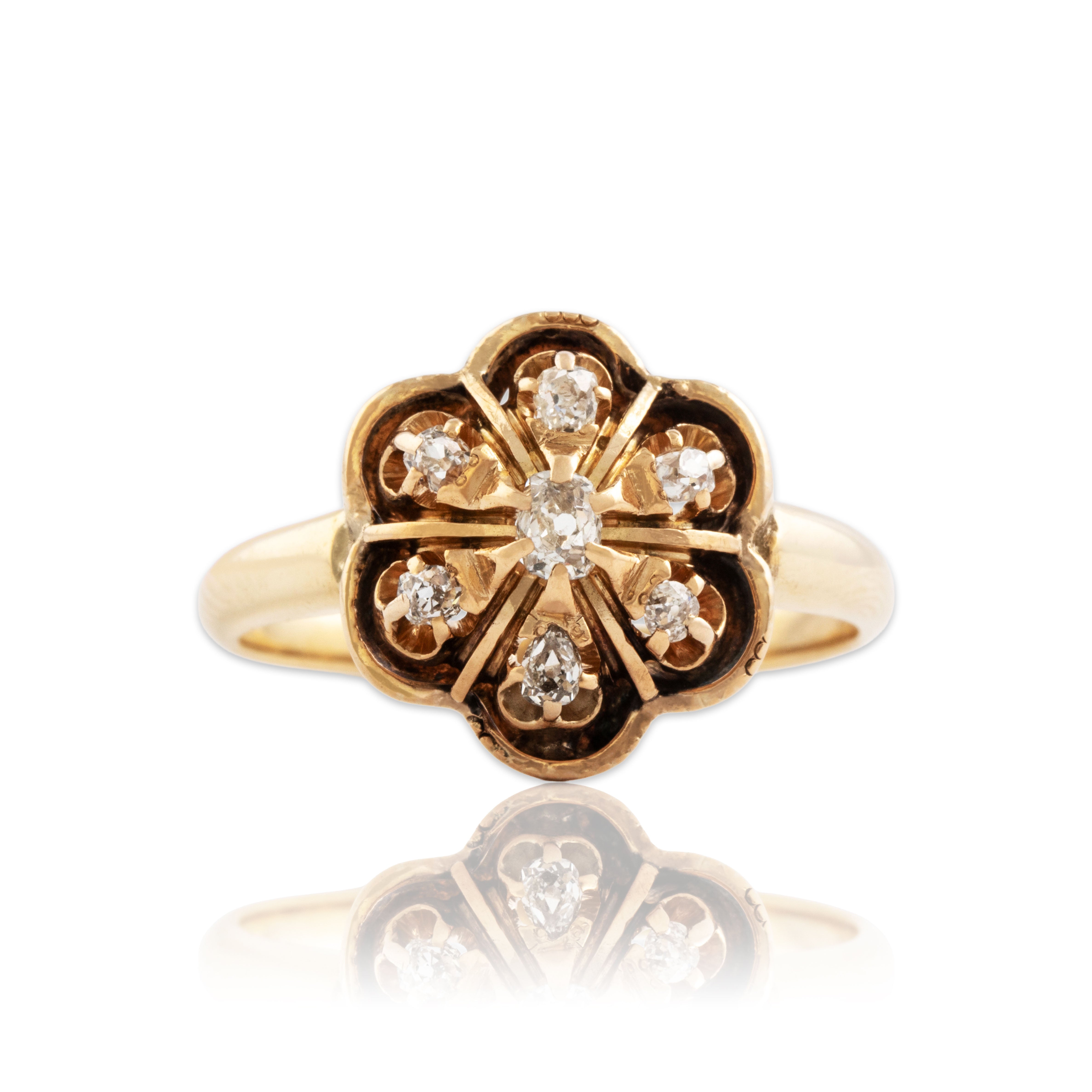 Antique 14k Rosy Yellow Gold .41cttw Old Mine Cut Diamond Buttercup Ring 9.75