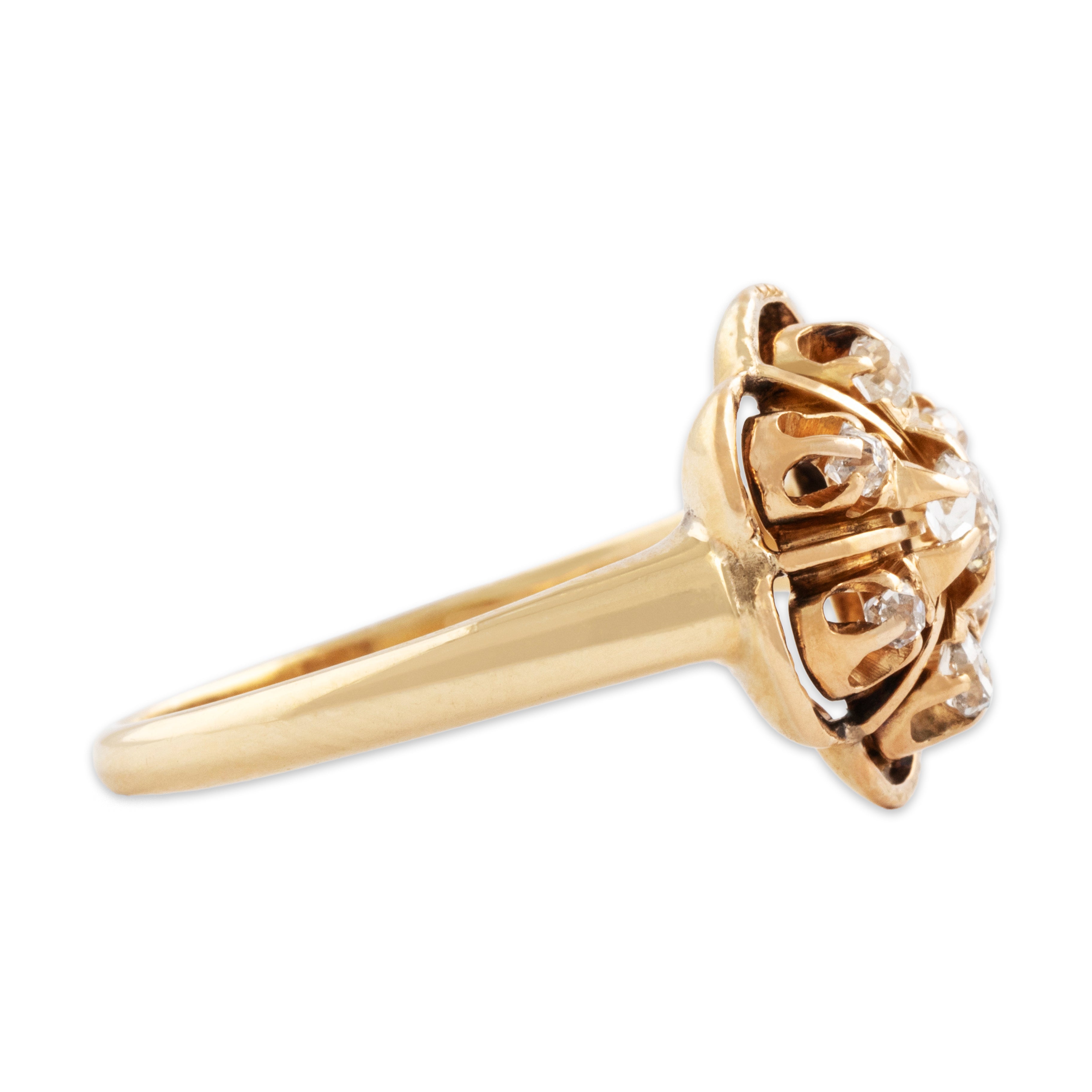 Antique 14k Rosy Yellow Gold .41cttw Old Mine Cut Diamond Buttercup Ring - Side view