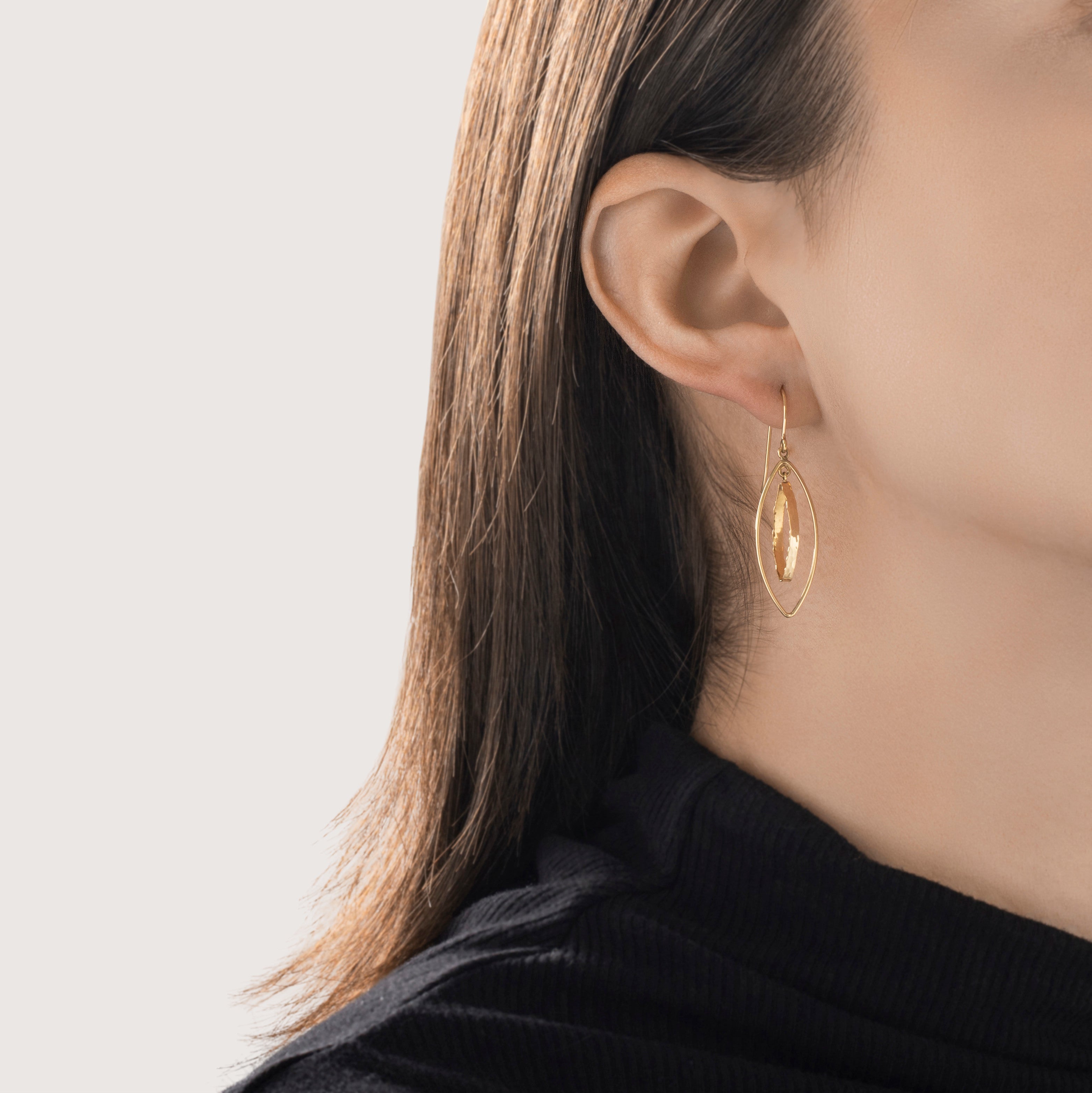 Vintage Lightweight 14k Yellow Gold Funky Double Navette Dangle Earrings - On model view