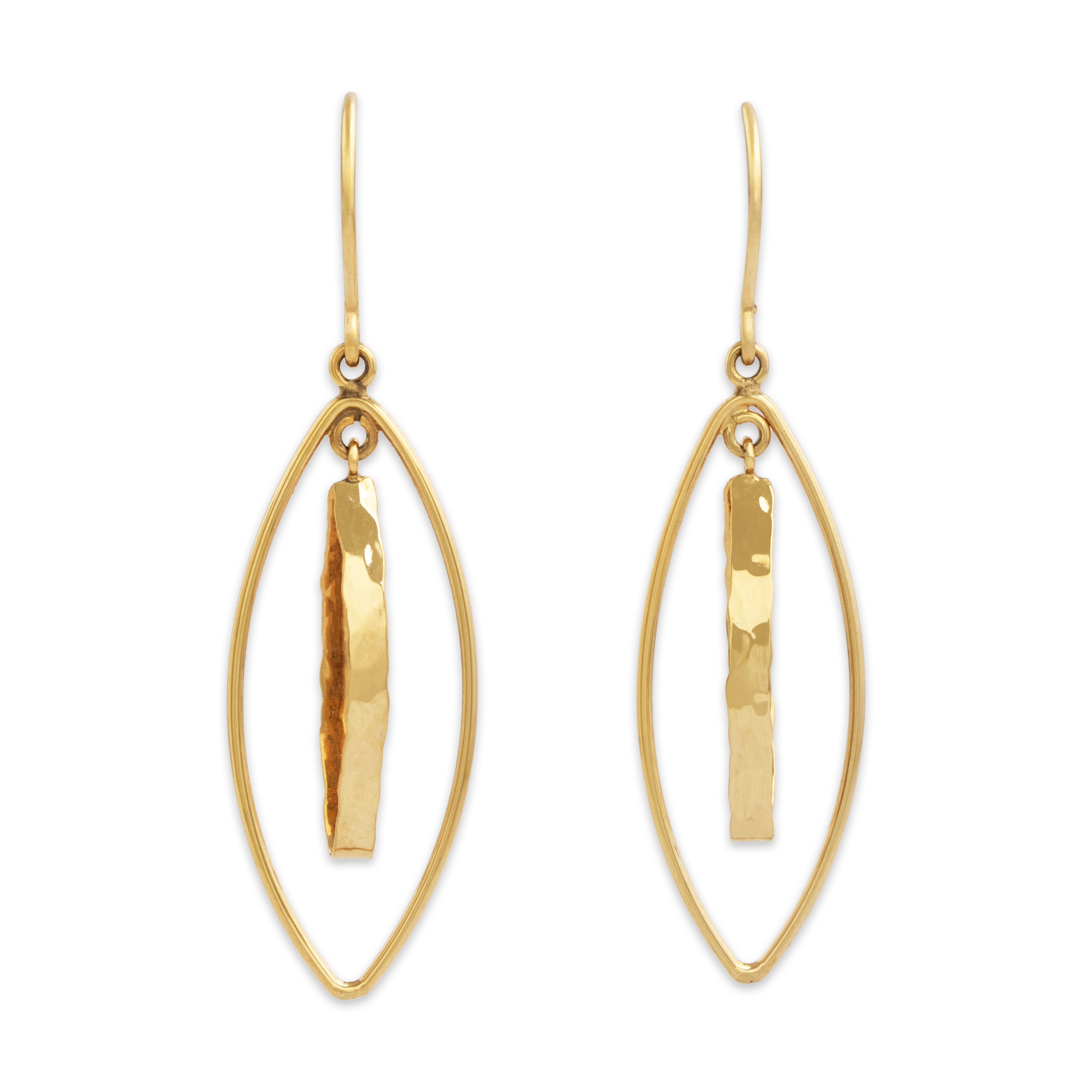 Vintage Lightweight 14k Yellow Gold Funky Double Navette Dangle Earrings - Close-up view