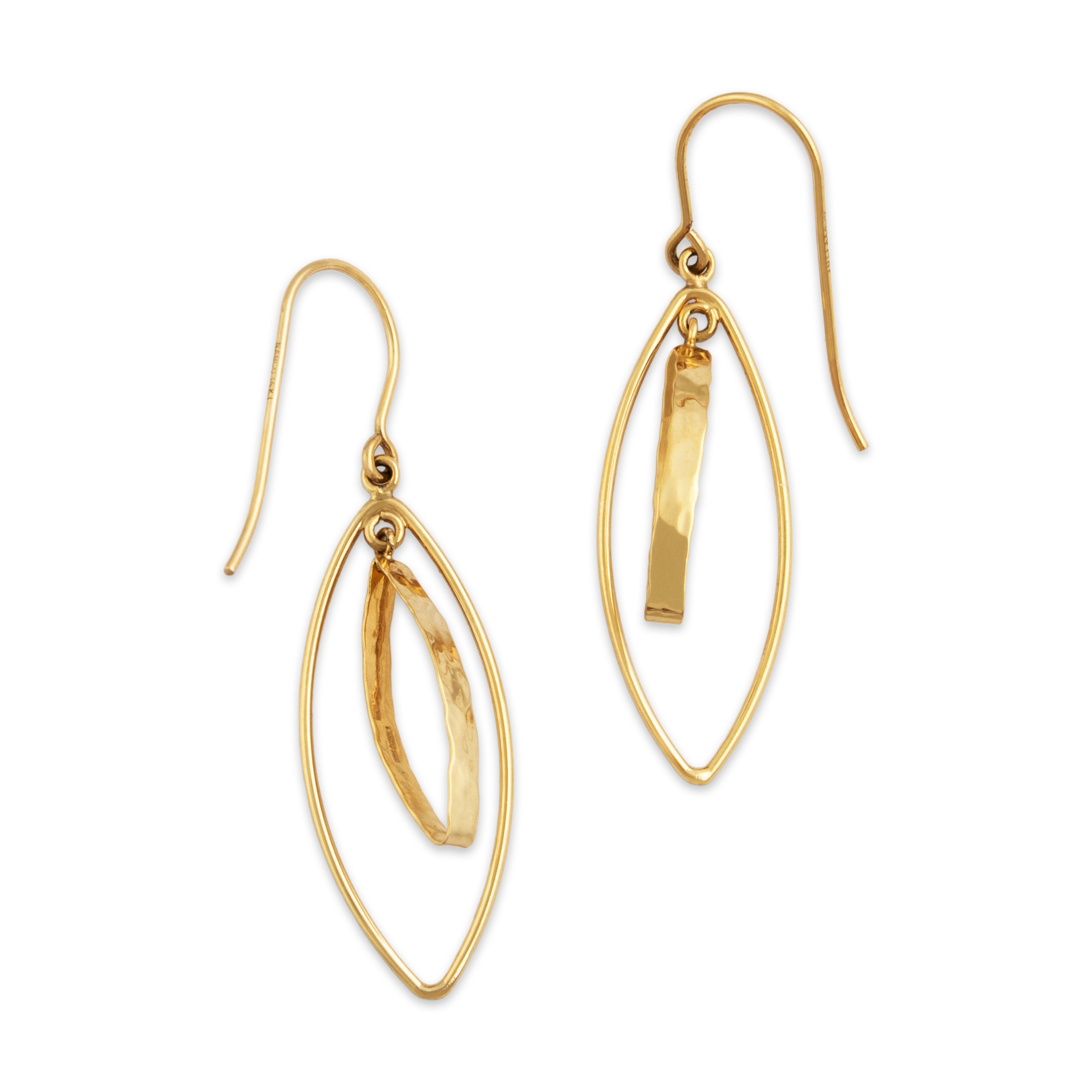 Vintage Lightweight 14k Yellow Gold Funky Double Navette Dangle Earrings - Overall view