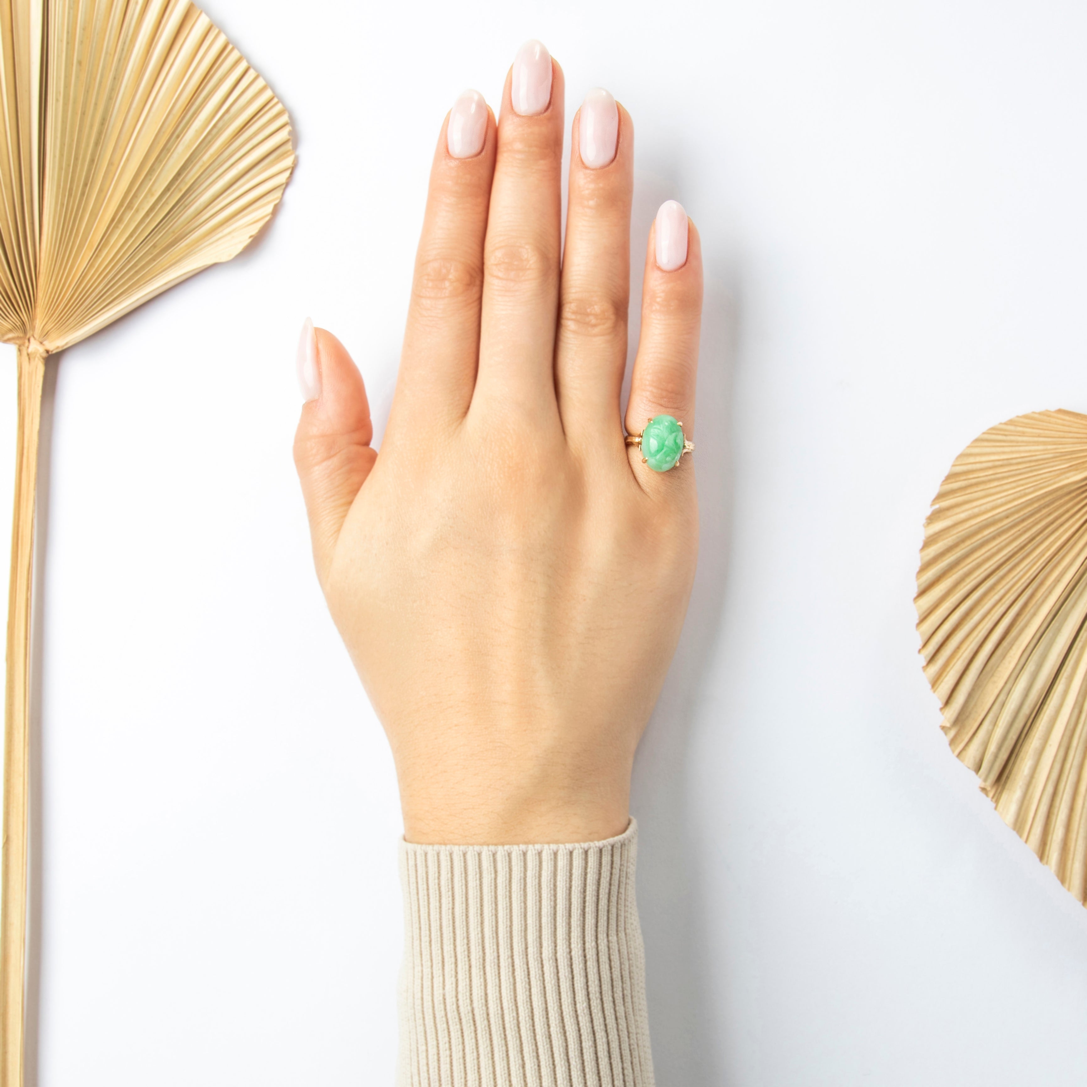 Vintage 14k Yellow Gold 6.2ct Jade Floral Carved Cabochon Ring - On model view