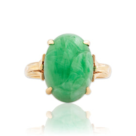Vintage 14k Yellow Gold 6.2ct Jade Floral Carved Cabochon Ring 5.00