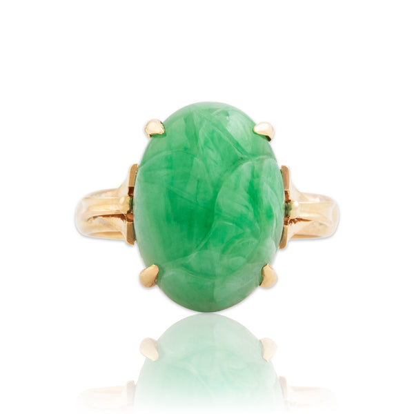 Vintage 14k Yellow Gold 6.2ct Jade Floral Carved Cabochon Ring 5.00