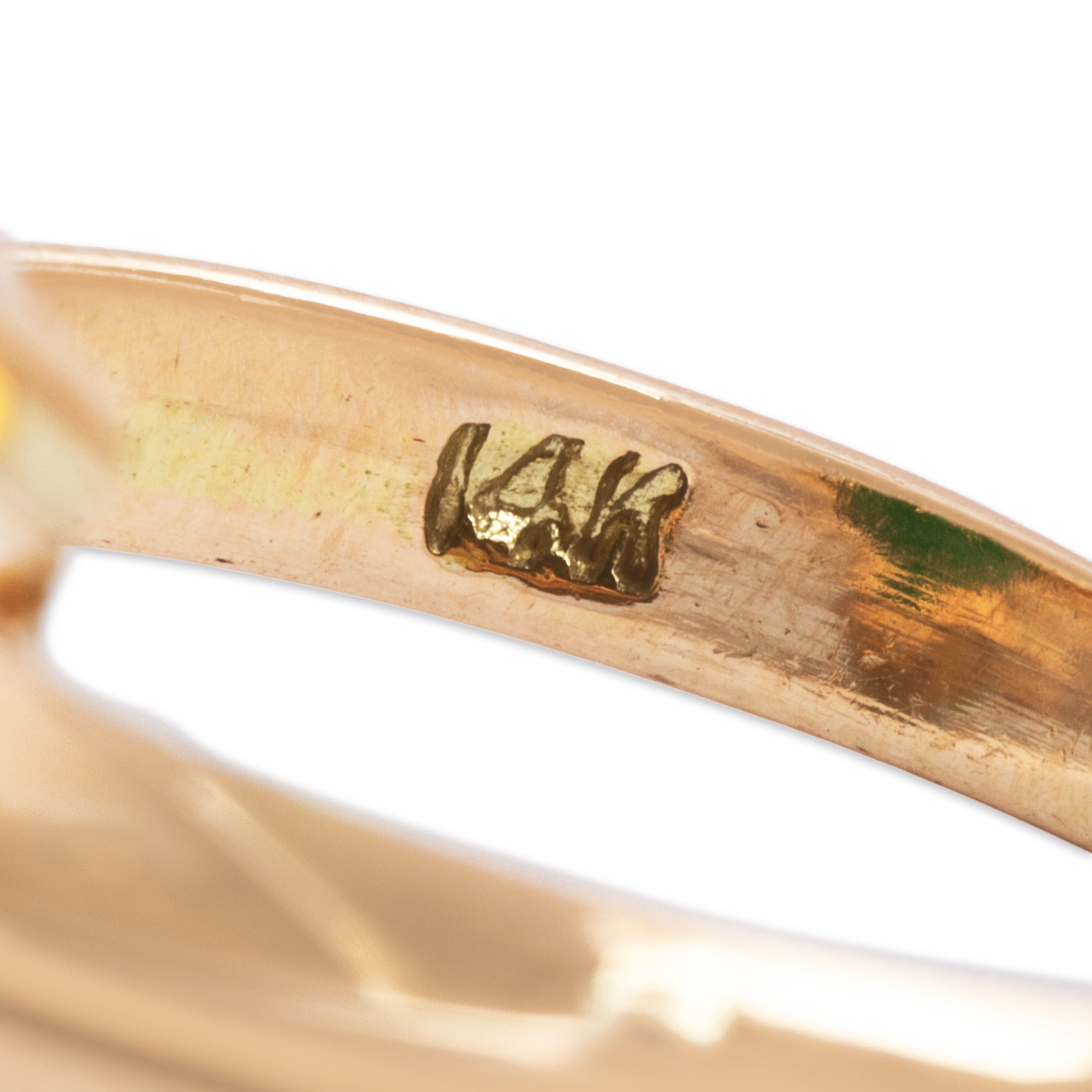 Vintage 14k Yellow Gold 6.2ct Jade Floral Carved Cabochon Ring - Hallmark view