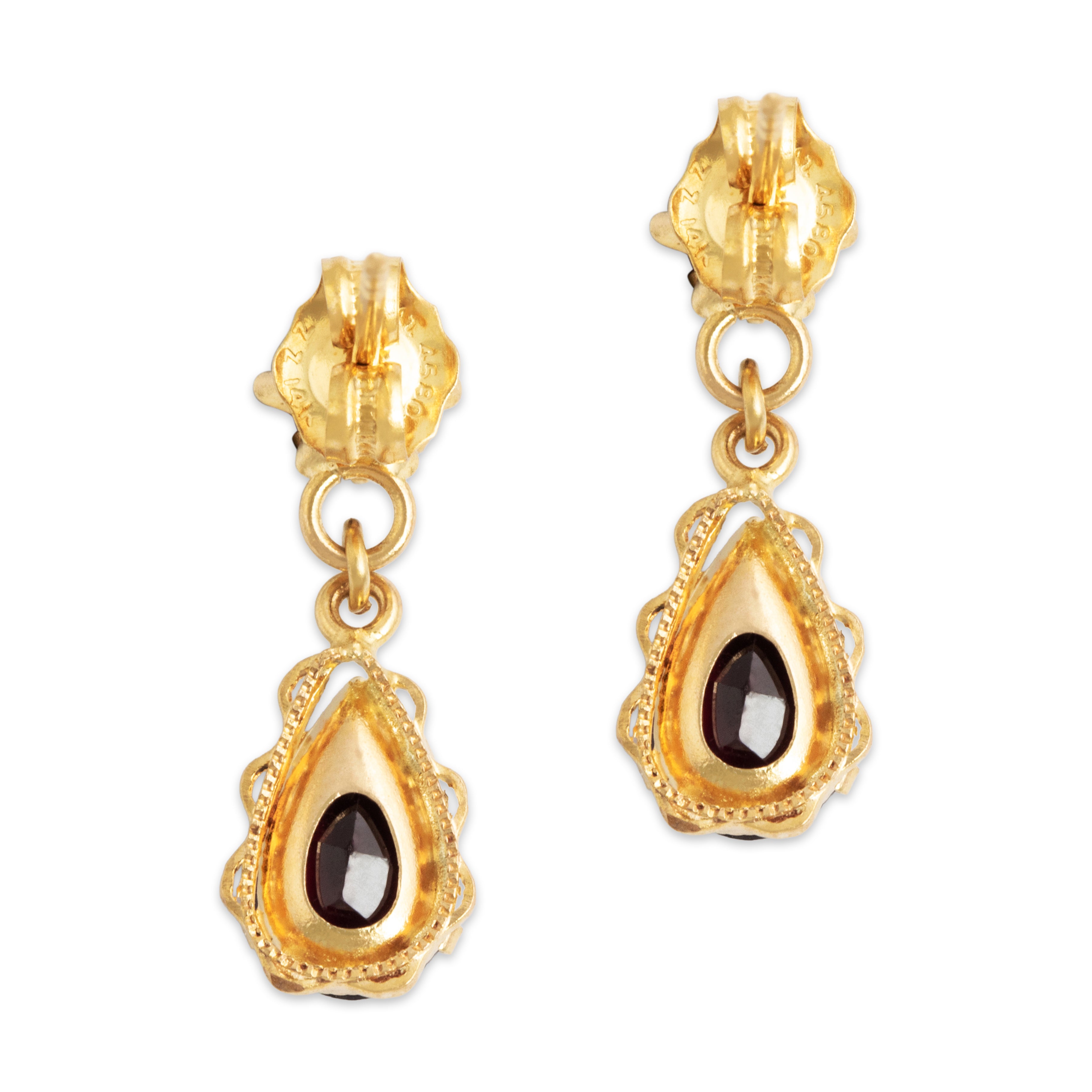 Vintage 14k Yellow Gold 2cttw Garnet Buttercup Set Dangle Earrings - Back view