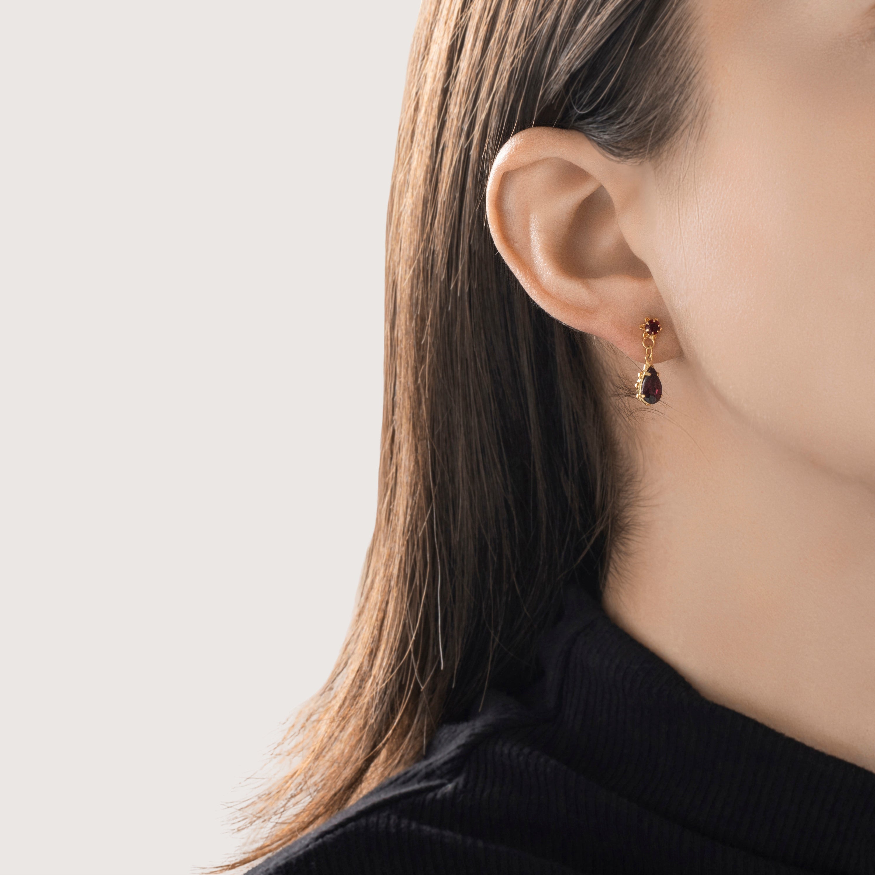 Vintage 14k Yellow Gold 2cttw Garnet Buttercup Set Dangle Earrings - On model view