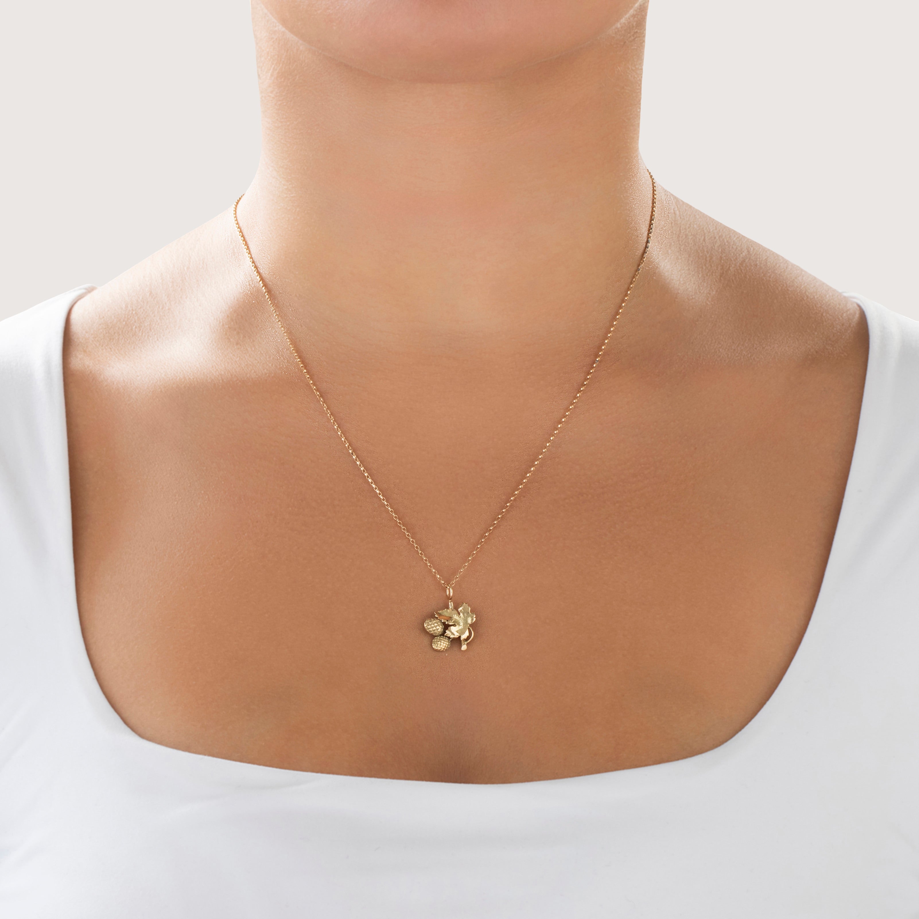 Antique 14k Yellow Gold Autumnal Acorns & Maple Leaf Pendant - On model view