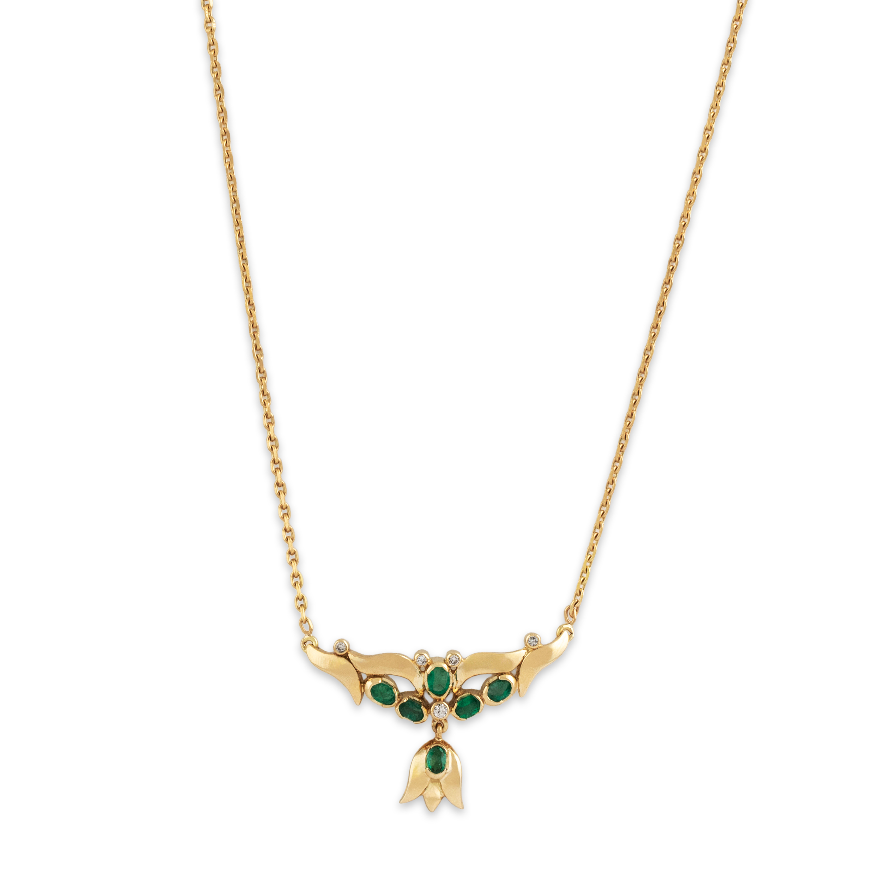 Vintage 18k Yellow Gold Emerald Diamond Elegant Dangle Necklace 19.75