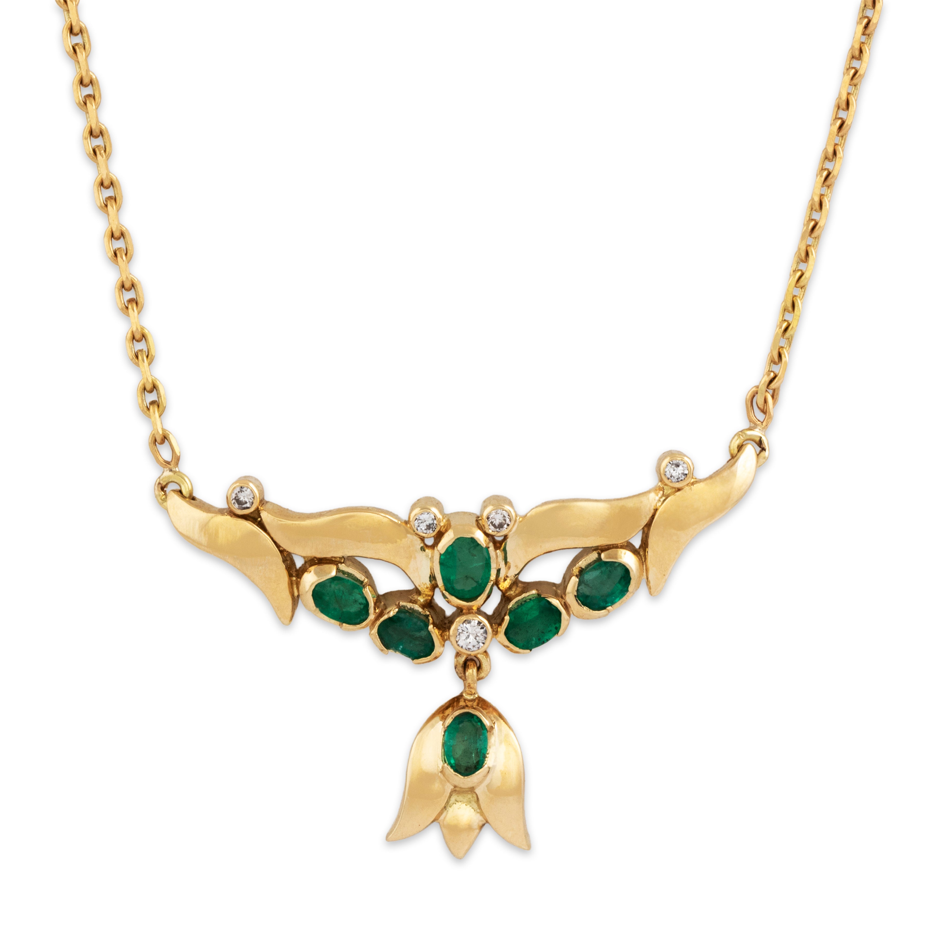 Vintage Stunning 18k Yellow Gold Emerald Diamond Elegant Dangle Necklace - detail view #1