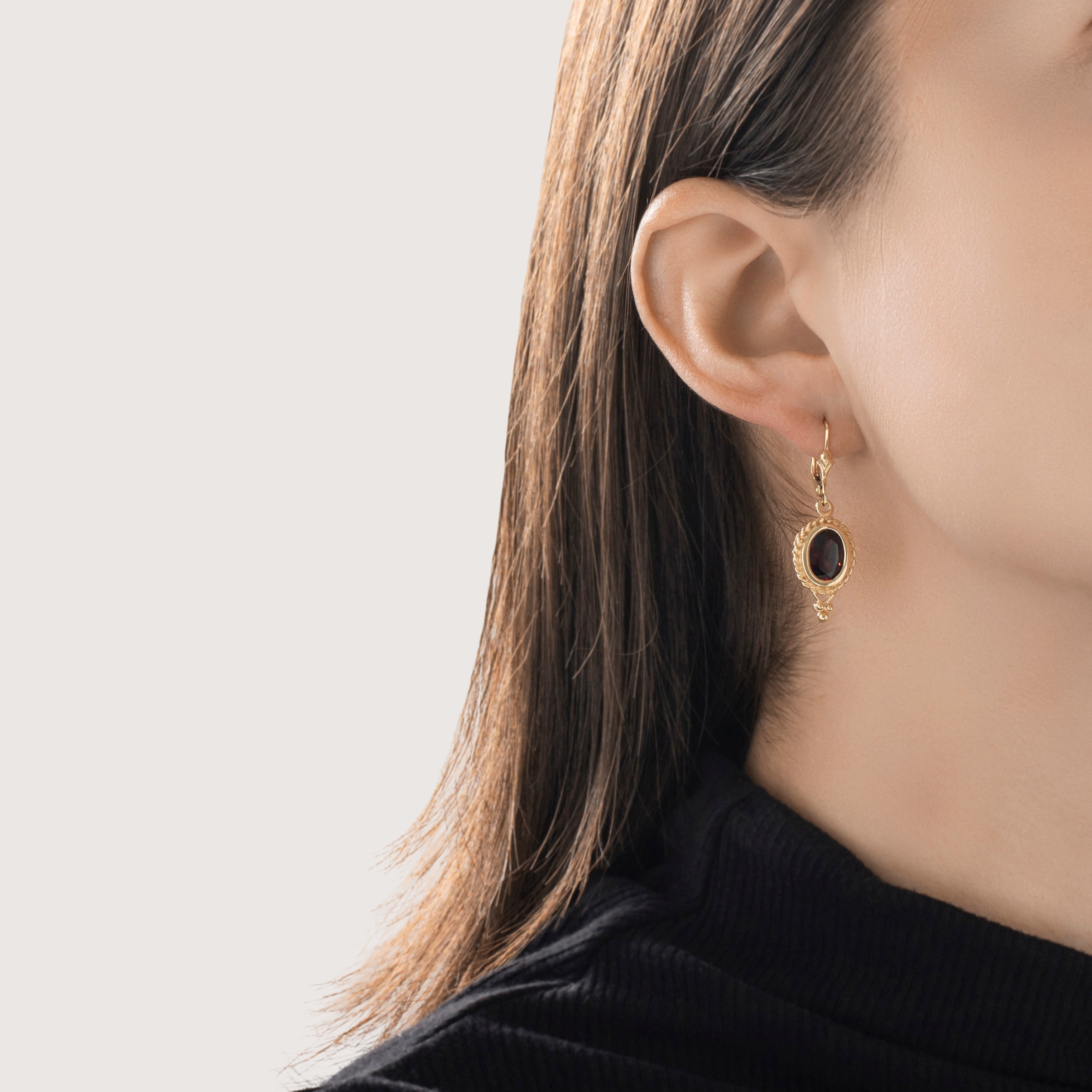 Vintage 14k Yellow Gold 6.2cttw Garnet Lovely Cable Frame Dangle Earrings - On model view