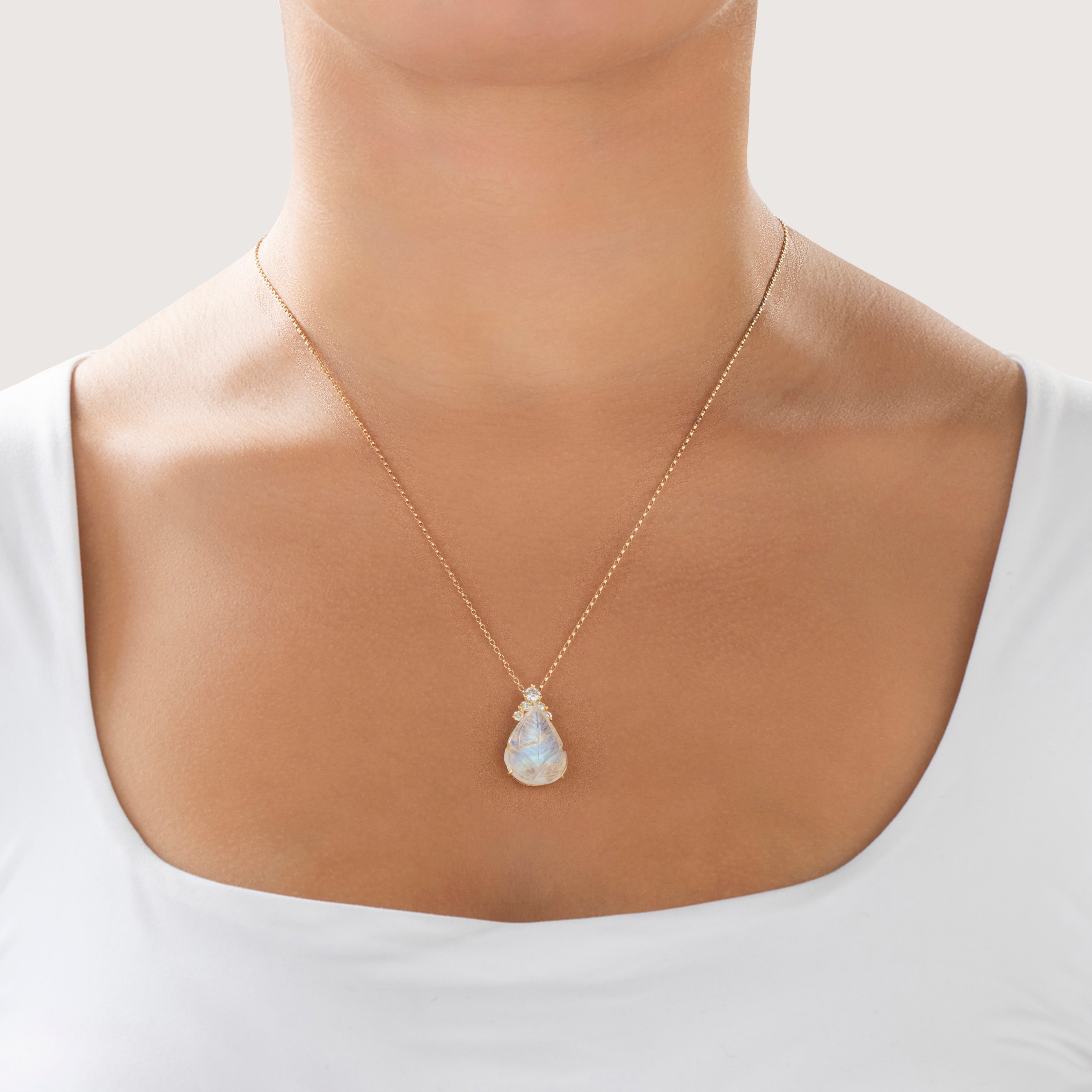 Vintage 18k Yellow Gold 9.52ct Moonstone Diamond Incredible Carved Leaf Pendant - On model view
