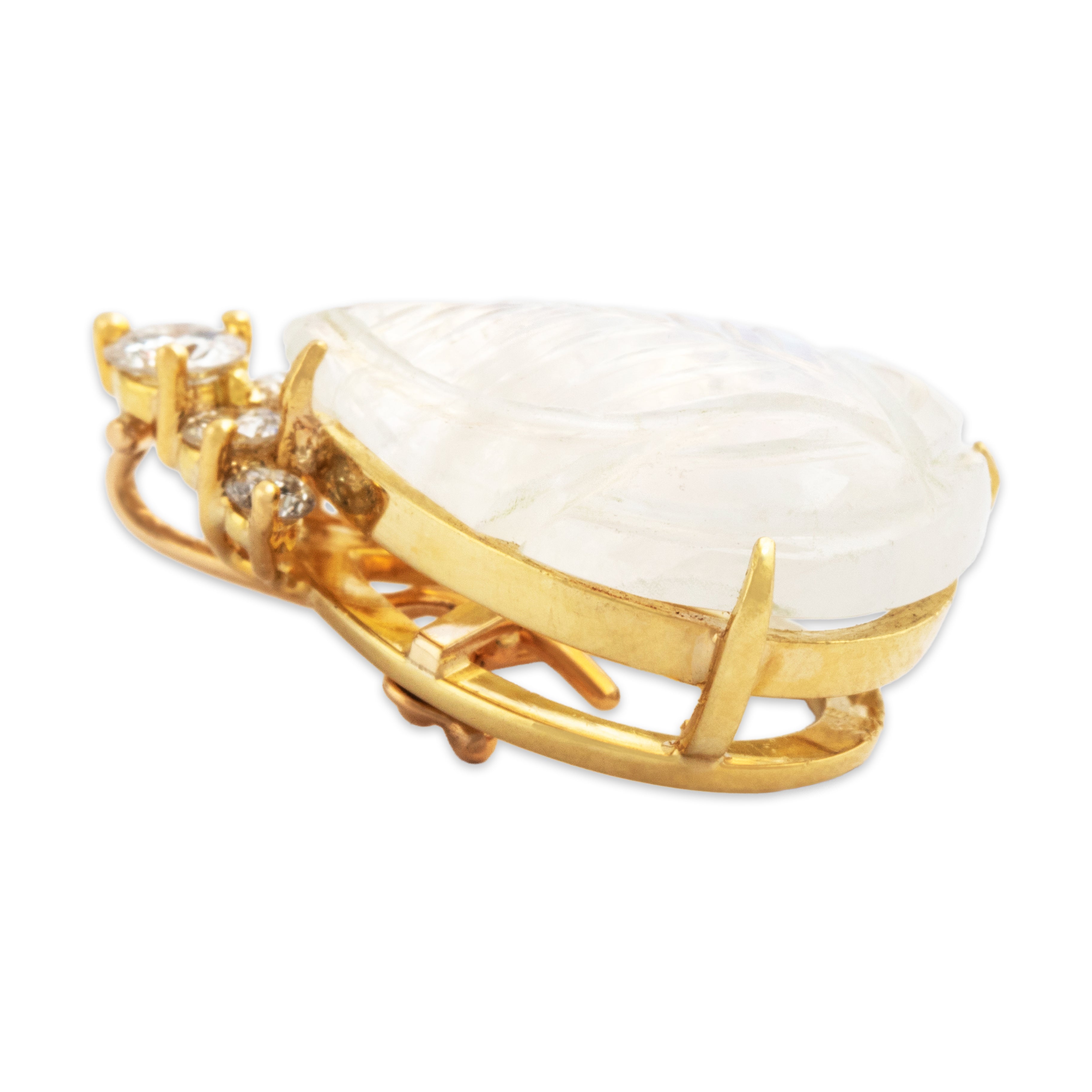Vintage 18k Yellow Gold 9.52ct Moonstone Diamond Incredible Carved Leaf Pendant - Side view