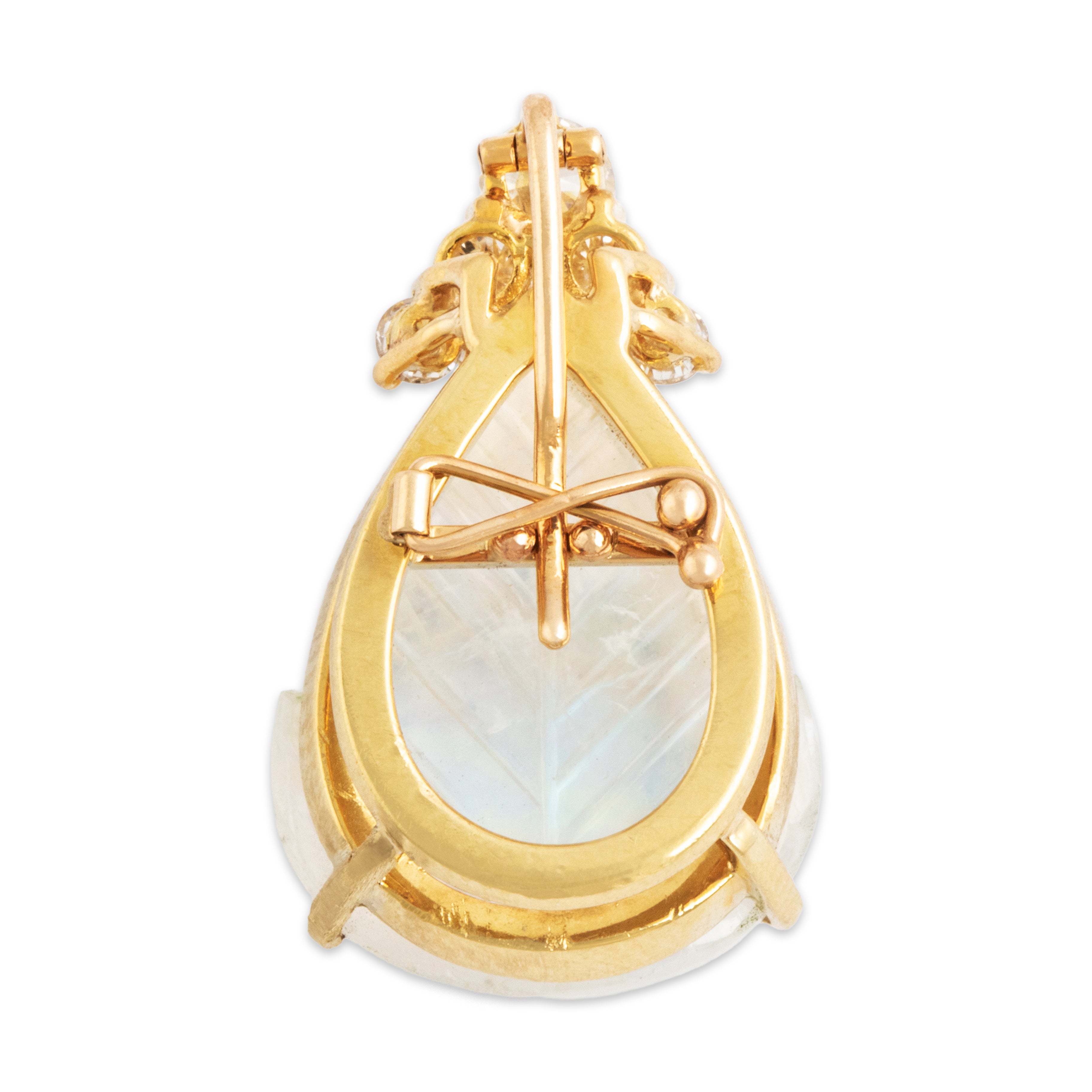 Vintage 18k Yellow Gold 9.52ct Moonstone Diamond Incredible Carved Leaf Pendant - Back view